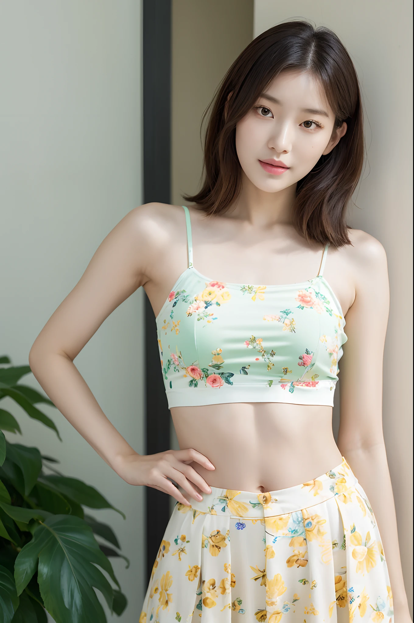 a woman in a floral crop top and mint skirt posing for a picture, croptop, crop top, bralette, wearing white camisole, bae suzy, wearing a camisole, physical : tinyest midriff ever, gorgeous young korean woman, heonhwa choe, cutecore, lulu chen, reluvy5213, light yellow hair