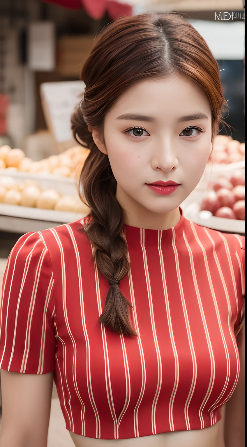 Realistic photos of (1 cute Korean star) french braid, thin makeup, 32 inch breasts size, wearing red striped crop top, in a flower market, close-up portrait, f/4.0, Hasselblad UHD