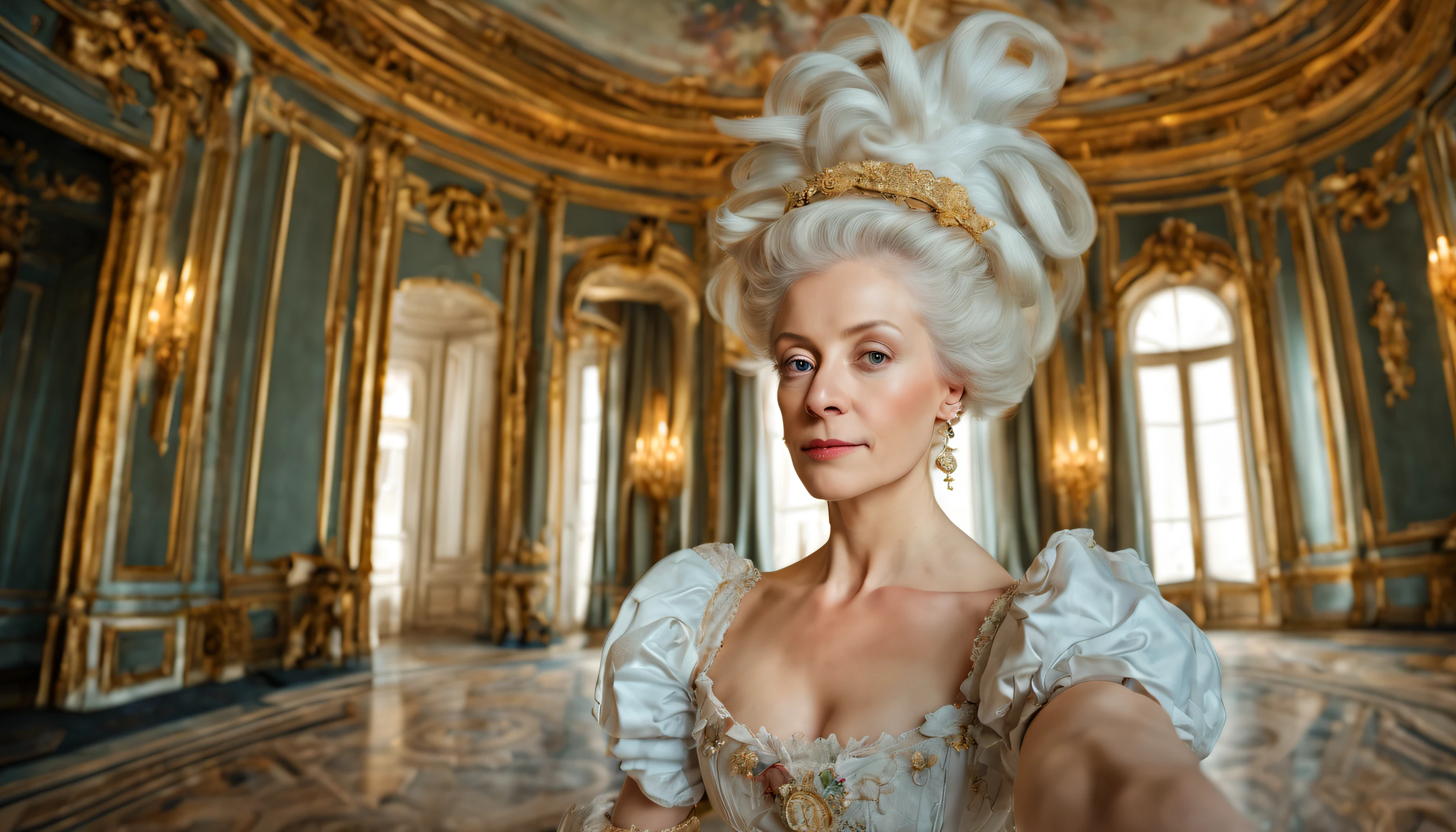 Marie Antoinette's selfie, Capture yourself in an elegant pose in a beautiful palace, fisheye lens, 8K camera, wide view, (Best Quality), Complex and detailed 3D rendering, Cinematic light, films, photograph realistic