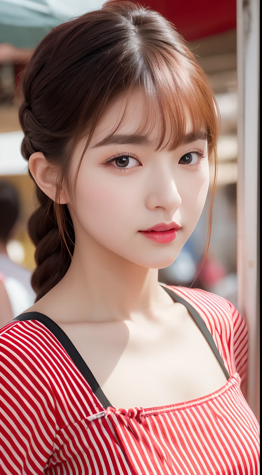 Realistic photos of (1 cute Korean star) french braid, thin makeup, 32 inch breasts size, wearing red striped crop top, in a flower market, close-up portrait, f/4.0, Hasselblad UHD