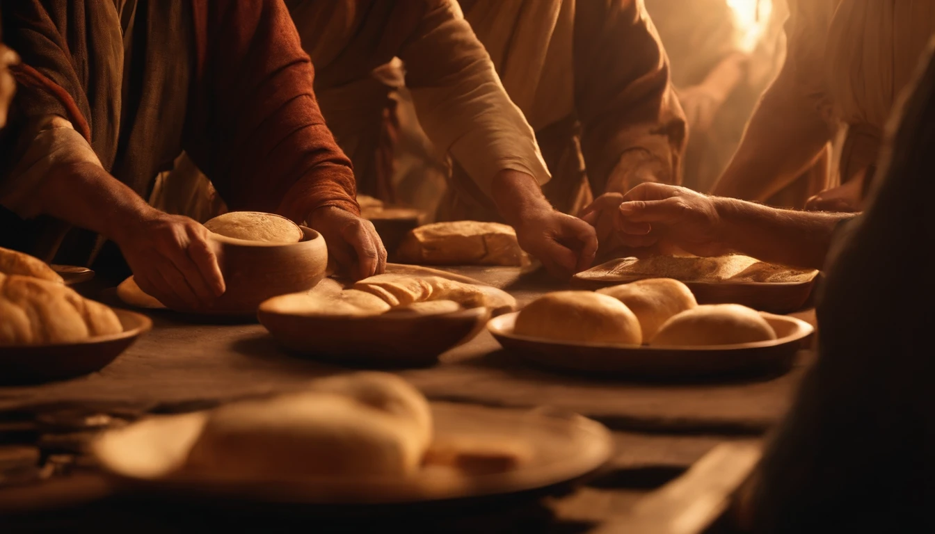 Ancient Israel、1st century、wining、Flat bread、Similar Images of the Lord Jesus Christ, Dine with the Apostles in St.... say,、(((evening)))、Crack bread in high resolution in 8K