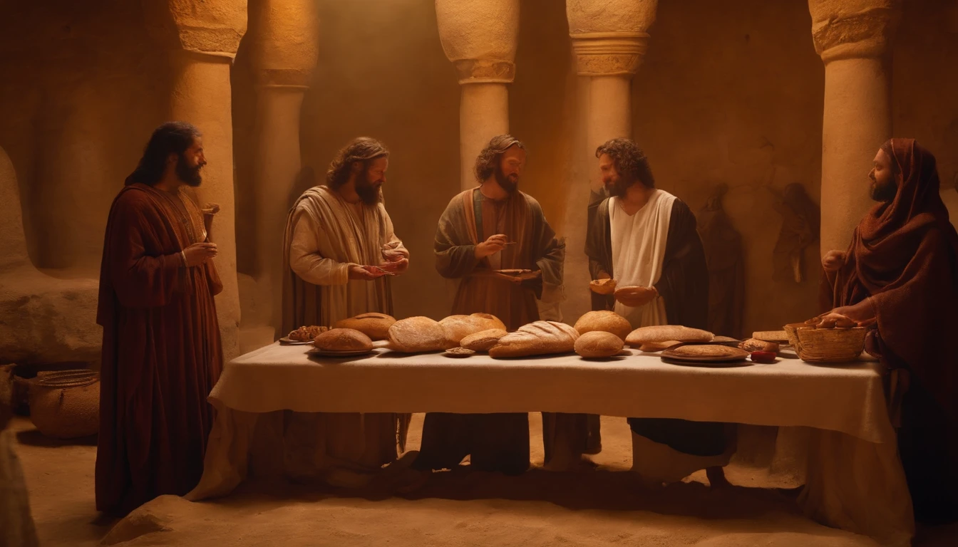 Ancient Israel、1st century、wining、Flat bread、Similar Images of the Lord Jesus Christ, Dine with the Apostles in St.... say,、(((evening)))、Crack bread in high resolution in 8K