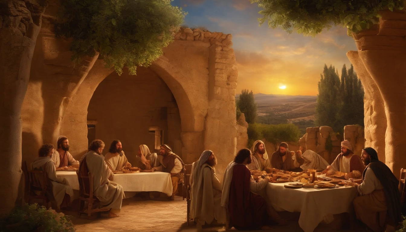 Ancient Israel、1st century、wining、Flat bread、Similar Images of the Lord Jesus Christ, Dine with the Apostles in St.... say,、(((evening)))、Crack bread in high resolution in 8K