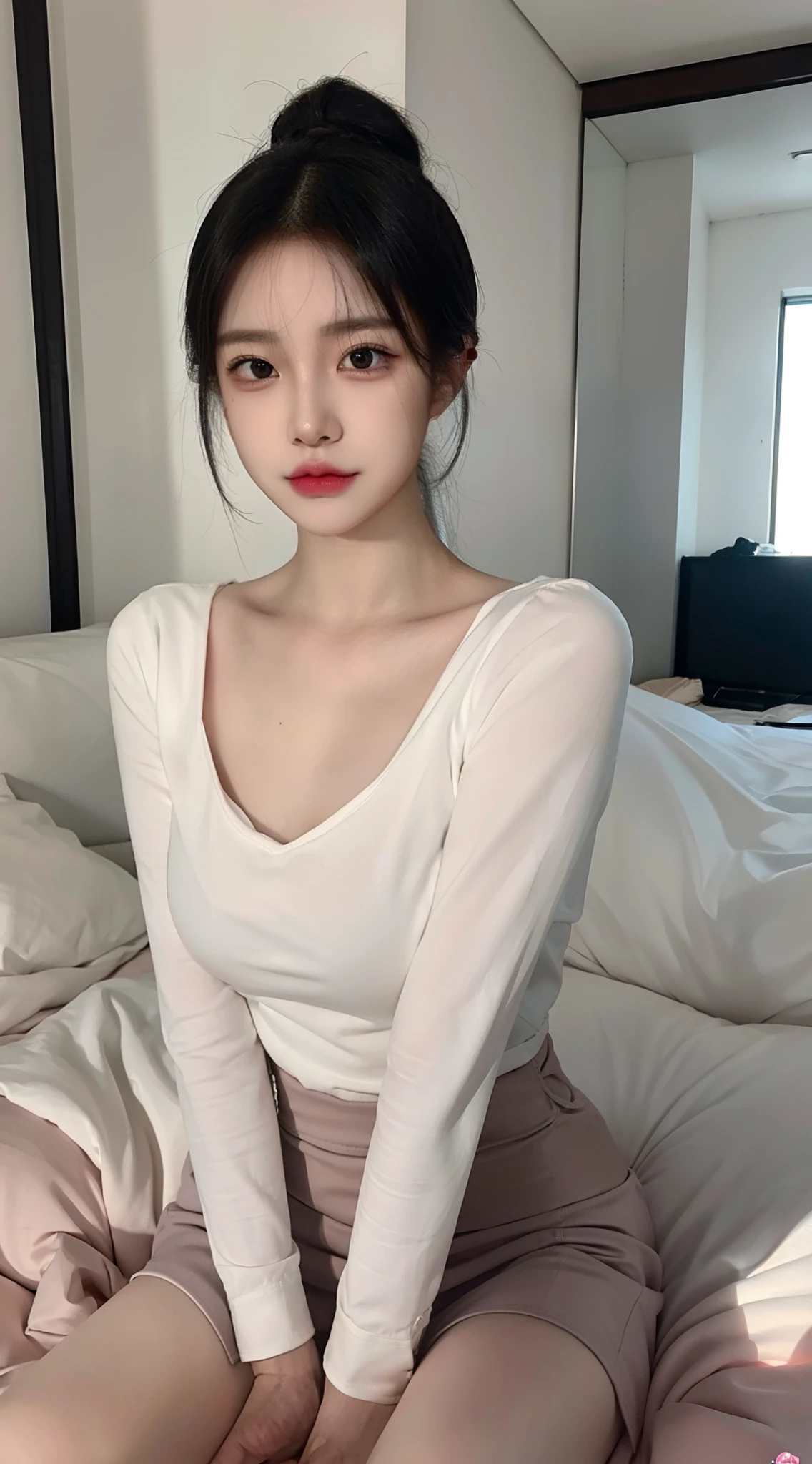 Raw foto, Photorealistic, s whole body, ponytail hair, pale-skin, Black eyes, Pink lips, (Cute), detailed background, Detailed face, Detailed Eyes, Detailed hair, All renders, super detaill, Anatomically accurate., high detailed, High Quality, Best Quality, high resolucion, 8K, Masterpiece,White shirt,On the bed,Black tie,