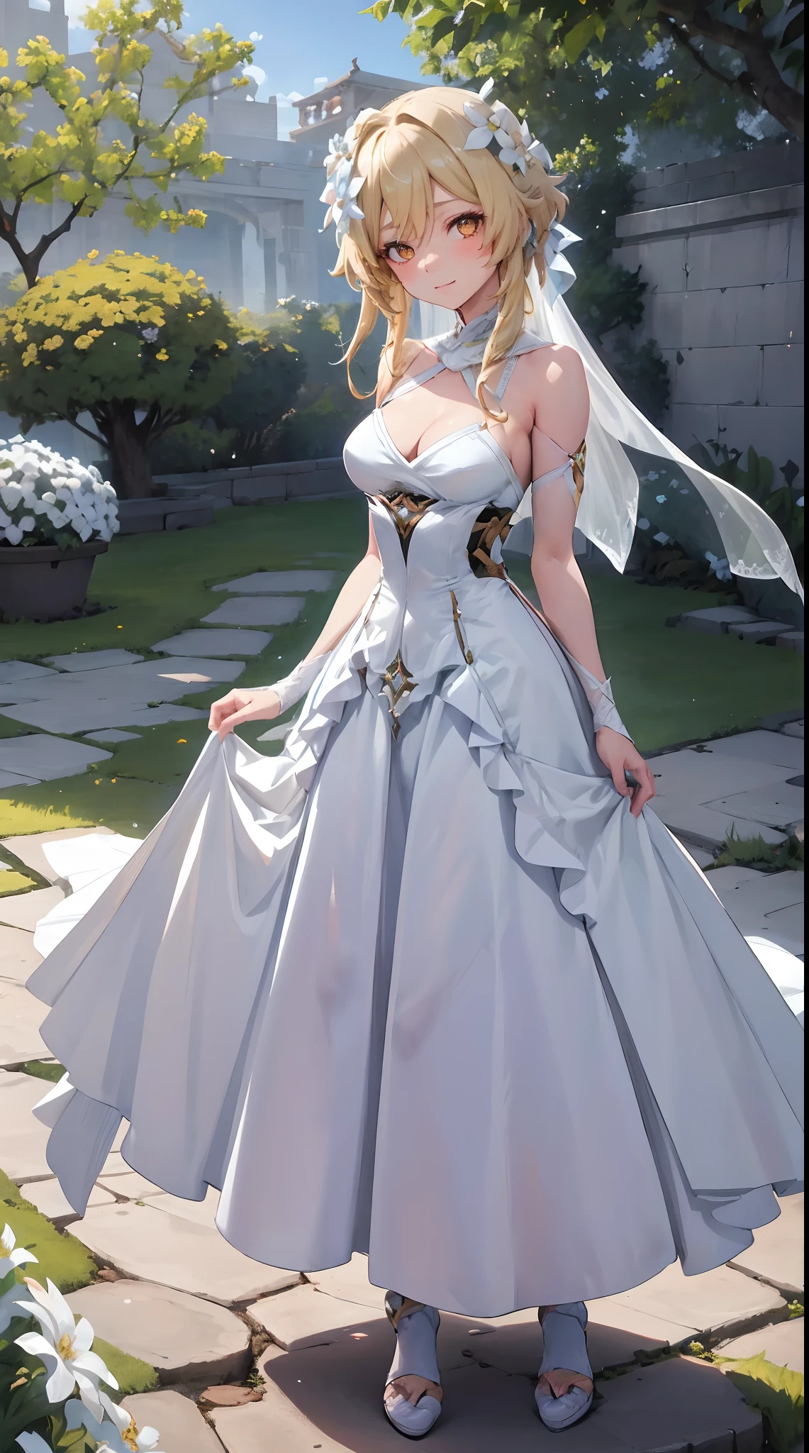 Lumine | genshin impact, master-piece, bestquality, 1girls,25 years old, proportional body, proportional., Wedding Dresses, White Wedding Dress, Long skirt, wedding, mediuml breasts, ,bara, choker, Standing in the middle of a flower garden, outdoor, The sky is beautiful, arm behind back, View viewers from the front., Thigh strap, Head tilt, bored, 10, 10, HD, slight smile,