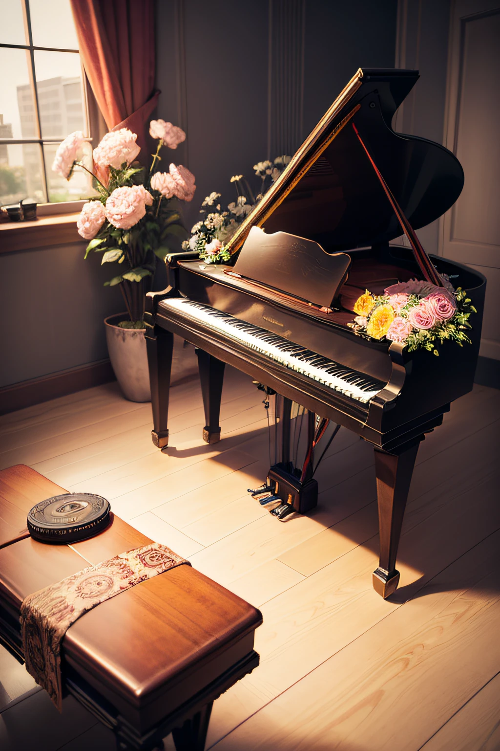 a violin surrounded by mechanical gears, flowers and a piano keyboard.