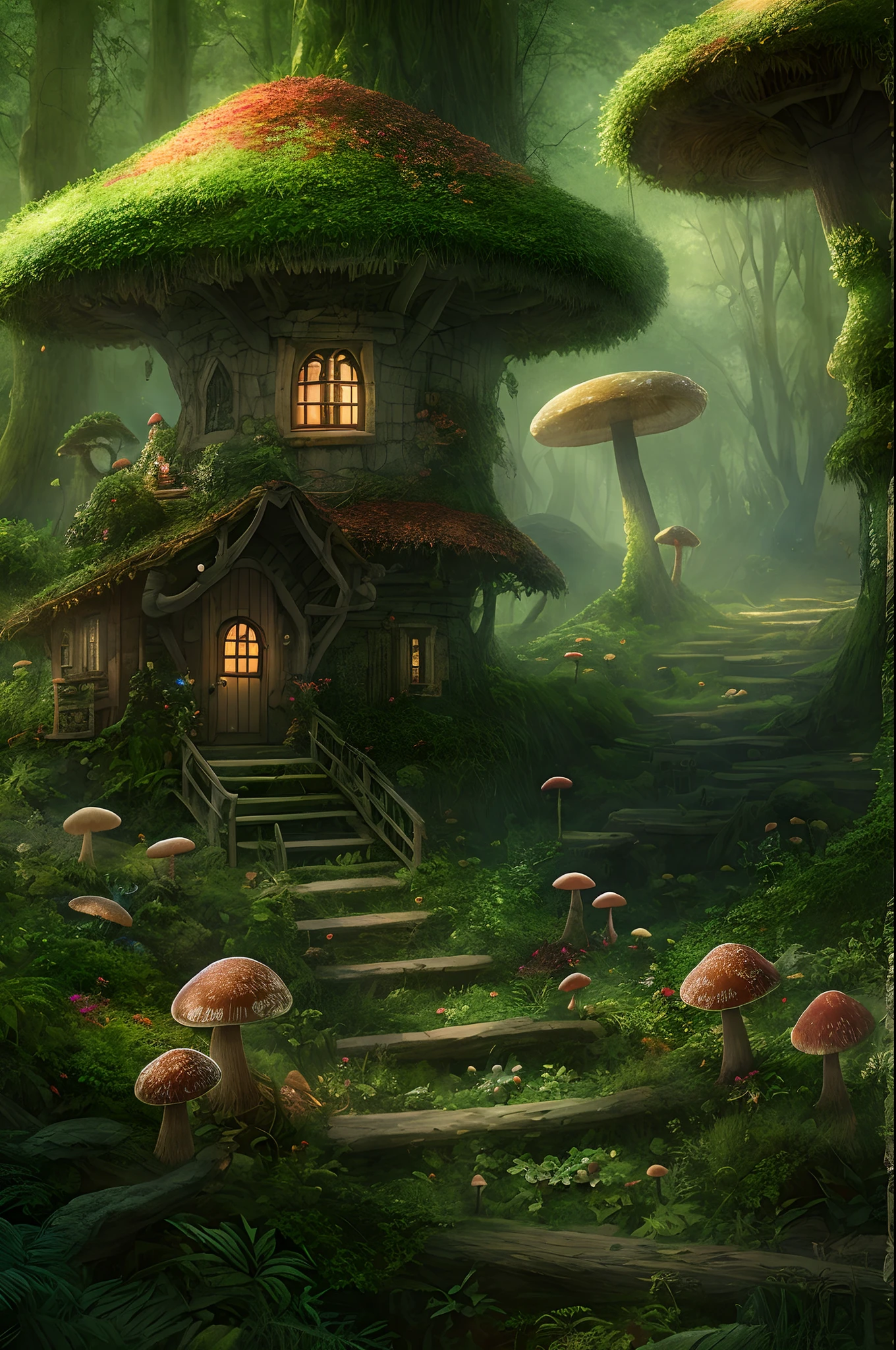 "Fantastic forest scene with towering trees, Glowing mushrooms,Mushroom house,Flying elves, creating a sense of mystique and enchantment. Complex and immersive, With a touch of realism. Exquisite details and intricate elements, Reminiscent of the latest CGsociety trends. Dramatic lighting enhances the overall atmosphere.”