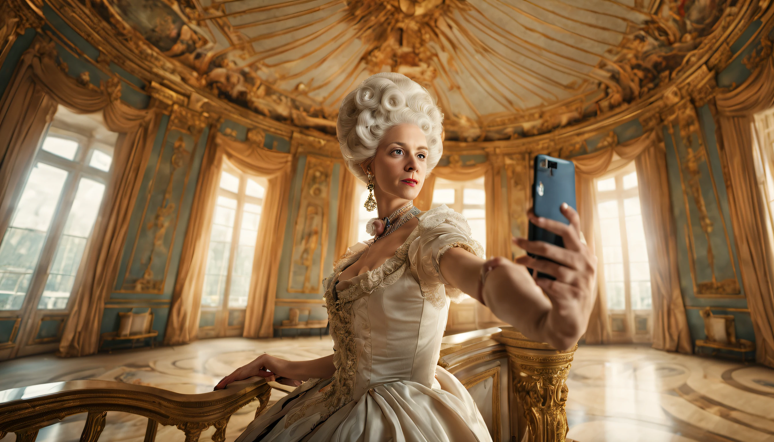 Selfie of Marie Antoinette, the Queen of France, capturing herself in an elegant pose in a beautiful palace, with a fish_eye_perspective and a 8k camera, wide view, (best quality), intricate detailed 3d render, cinematic light, cinematic, conceptual art, realistic photo