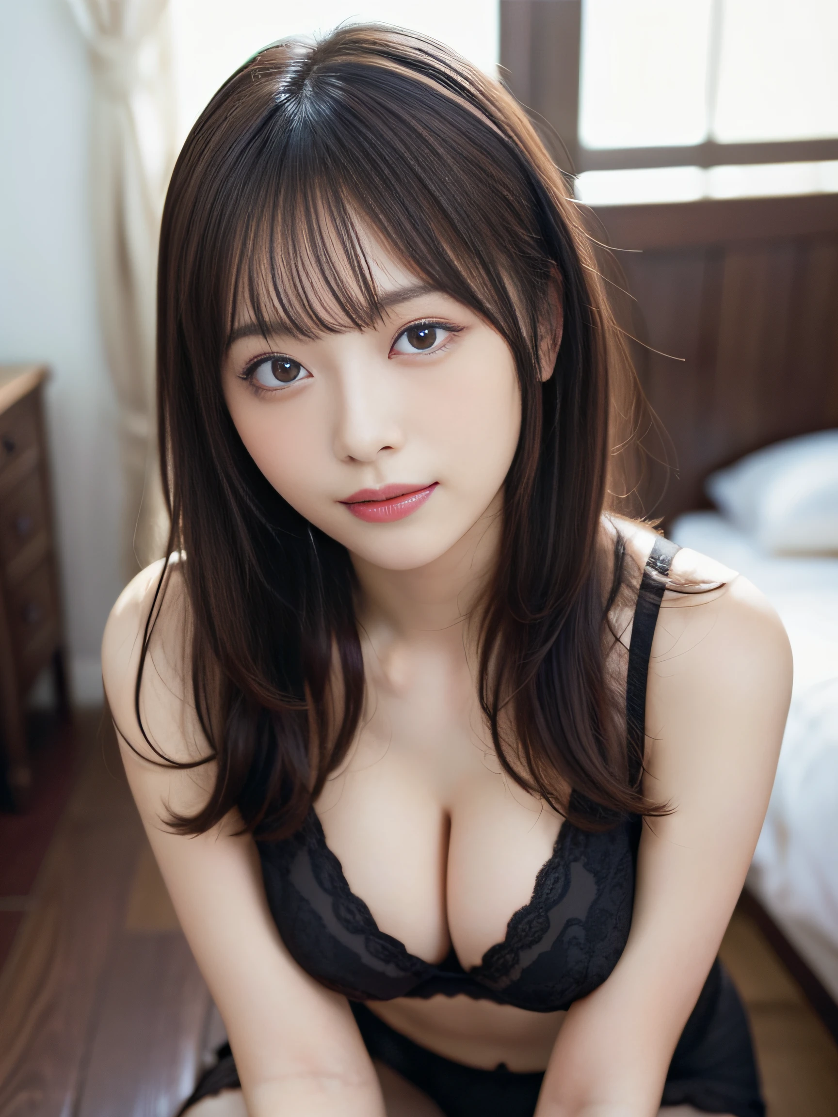 in 8K,Best Quality:1.4, 超A high resolution:1.5, (Photorealistic:1.4),masterpiece:1.2,(top-quality:1.4)、 Raw photo、 (the background is blurred) 、FULL BODYSHOT、Bedrooms、 1日本人の女の子, Cute, (Solo:1.4), (Shy smile), Smooth skin、Neat underwear、 (Brown medium hair,Bangs), (touch hair:1.4),nogizaka,undergarment,Supple fingertips,Beautiful black eyes、dual、natural skin textures:1.3, realistic eyes and face details:1.7、middlebreasts、Gravure Pose:1.1、Toned buttocks:1.5、Provoking poses、thighs thighs thighs thighs、all-fours、gazing at viewer、Sweaty skin、Buttocks