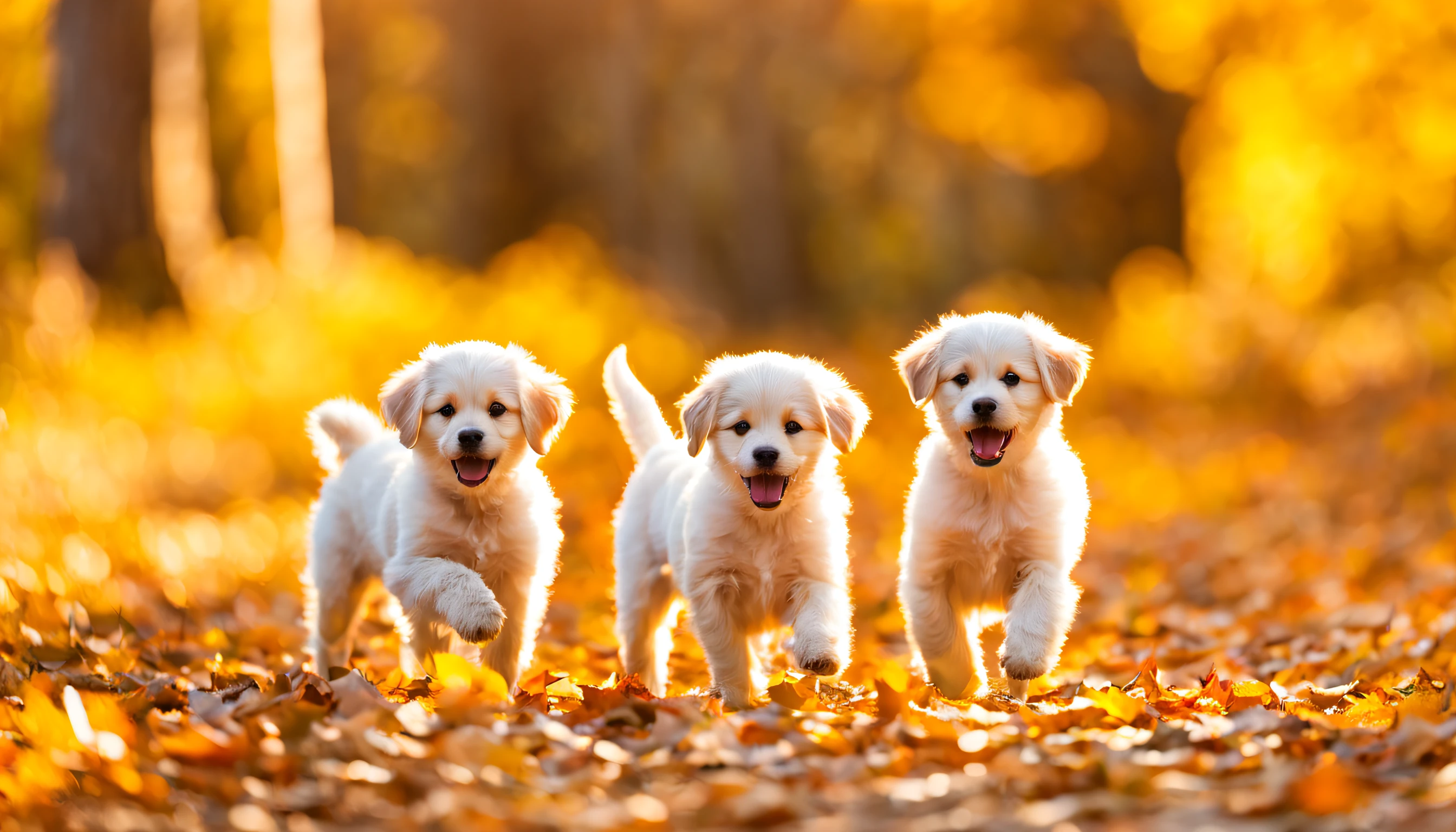 Three cute baby dogs playing in the autumn garden full of fallen yellow leaves,soft autumn sunlight, autumn sunlights, shutterstock, autumn light, sunny amber morning light, autumn sunrise warm light, golden autumn, tree-lined path at sunset, autumn lights, melancholy autumn light, at sunset in autumn, golden rays of sunlight, autumn forest, bright dappled golden sunlight