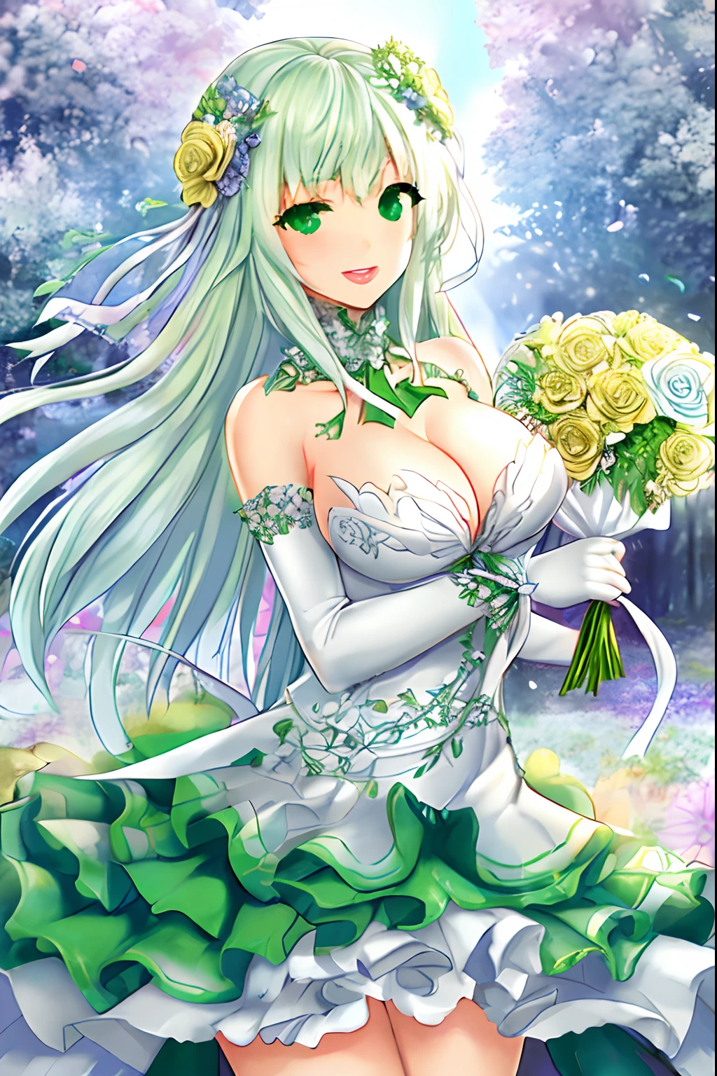 "Generate high resolution images of beautiful woman with green eyes, Silver hair, And a bouquet of flowers expressing gratitude."