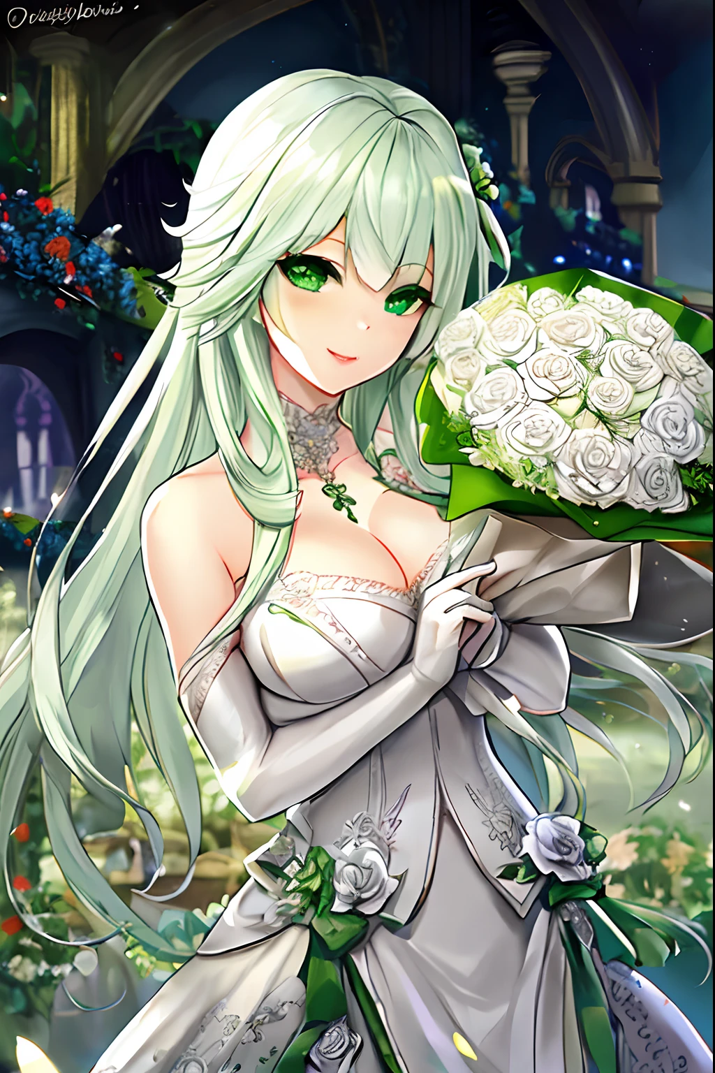 "Generate high resolution images of beautiful woman with green eyes, Silver hair, And a bouquet of flowers expressing gratitude."