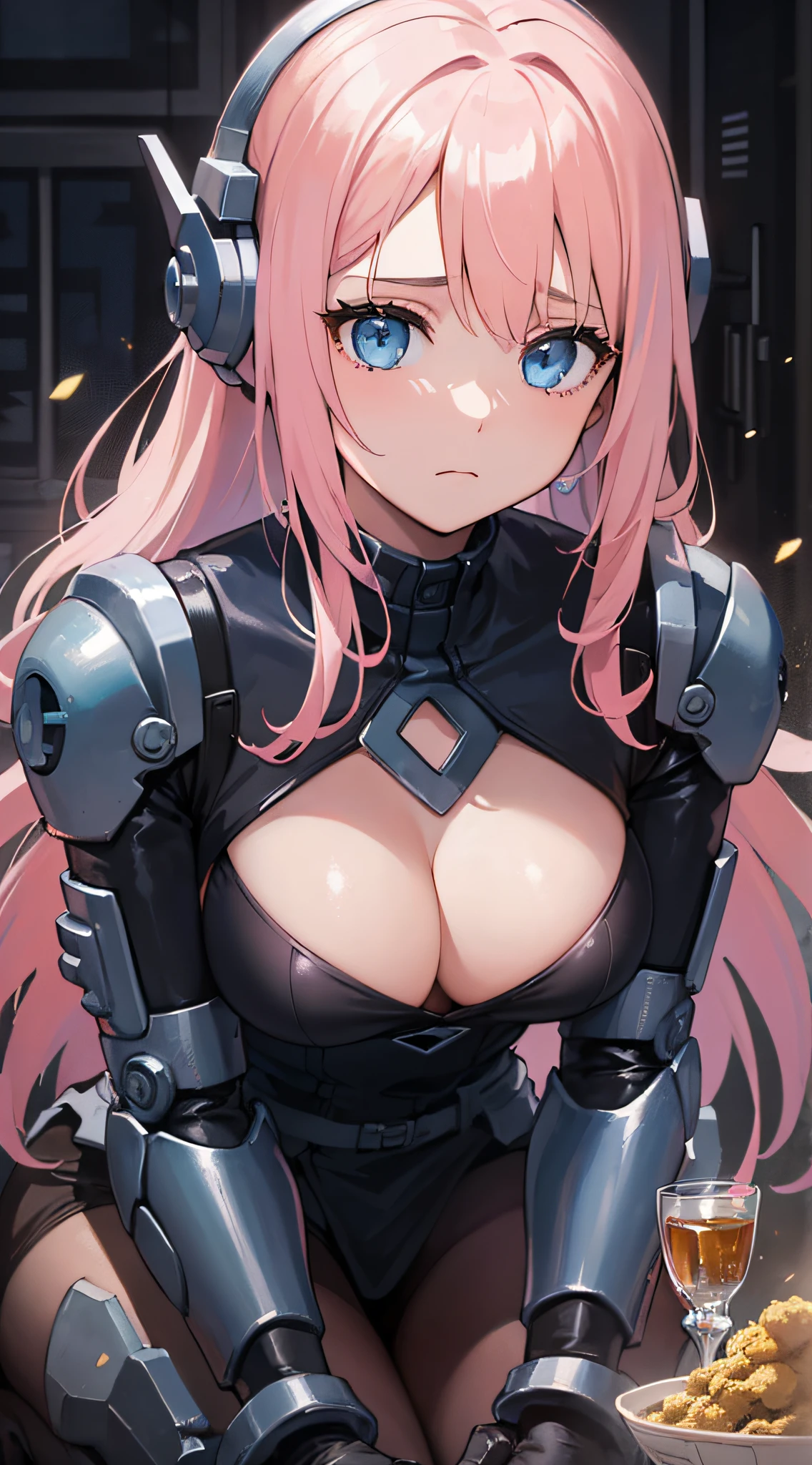 top-quality、Top image quality、masterpiece、girl with((18year old、cyborgs、System Dynamics、Metallic body、Best Bust、Medium bust、Long pink hair、Light blue eyes、deadpan、Breasts wide open、Picking up machine parts by hand、sad Facial expression、crouching down))hiquality、Beautiful Art、Background with(A desert、Collapsed buildings、natta)),masutepiece、Elaborate design、visualart、depth of fields、The best lighting、highestdetailed、low angles