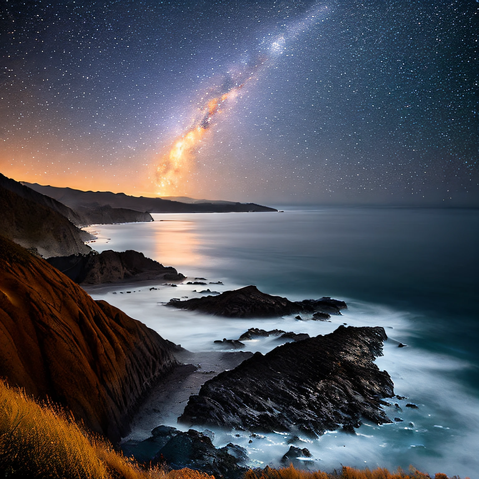 Beneath a canopy of countless twinkling stars, the rhythmic sound of waves gently lapping against the shoreline provides a tranquil soundtrack to an unparalleled journey. Along the picturesque California coastline, an open-top car cruises, its silhouette briefly illuminated under the fleeting glint of a shooting star.
The car's occupants, heads tilted back, are bathed in the cool, silvery light of the moon, their faces painted with expressions of wonder and contentment. Every now and then, they'll spot a constellation, perhaps Orion or Ursa Major, tracing familiar patterns against the dark velvet backdrop.
Majestic cliffs rise dramatically on one side, while the expansive Pacific Ocean stretches endlessly on the other. The salty breeze carries whispers of ancient tales, of mariners guided by stars, blending seamlessly with the soft hum of the car's engine.
Here, where the ethereal beauty of the cosmos meets the wild ruggedness of California's coast, is a moment suspended in time. A drive under the stars, where the journey becomes as enchanting as the destination. A celestial adventure on Earth's breathtaking terrains.