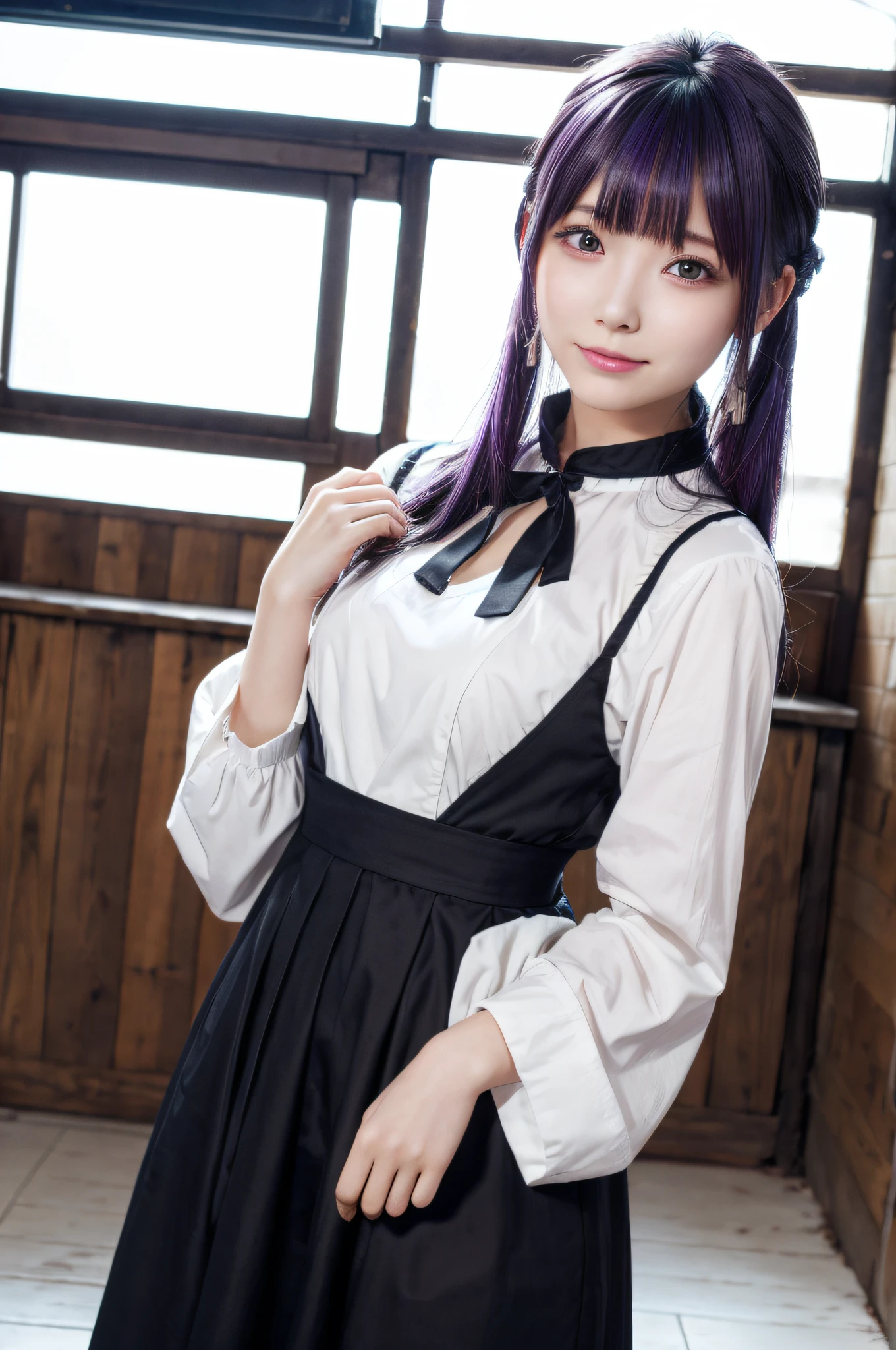 ((masutepiece)), ((Best Quality)), (Ultra-detailed), ((Extremely detailed)), 4K, (8K), Best Quality, (Beautiful), city, backstreet, Winters, Cute little girl s, 1girl in, Solo, Anime-style costumes, Beautiful purple hair 0, ((Beautiful eyes)), large full breasts,