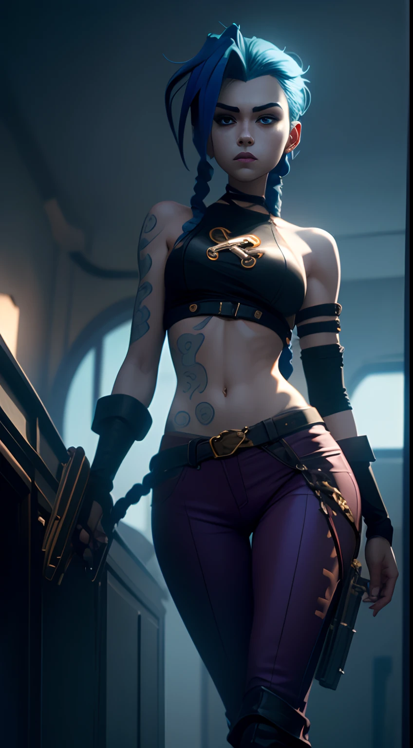 Jinx's character design, Dynamic movements, afoot, Holds a machine gun in both hands, sexypose, Beautiful figure, Arcane's Jinx, Bright blue and purple sparks all around, glowing eyes, Pink glowing eyes, hairlong, hairsh, braided into long braids, Pigtails hang below the knee, Hair color changes from bright blue to navy blue, Dressed in brown breeches, Leather boots on the feet, Top with four gold circles on the chest in the middle of the chest, Blue cloud tattoos on shoulders and waist, Long bangs, hanging on the right side, Belt with cartridges on the belt, Arcane style, extremely detailed CG unity 8k wallpaper, detailed light, Cinematic lighting, chromatic aberration, glittering, expressionless, epic composition, dark in the background, Cherecter Desing, Very detailed, Detailed body, Vibrants, Detailed Face, sharp-focus, anime art, Vibrants, Detailed Face, Hugh Details, sharp-focus, Very drooping face, A detailed eye, super fine illustration, better shadow, finely detail, Beautiful detailed glow, Beautiful detailed, Extremely detailed, expressionless, epic composition,