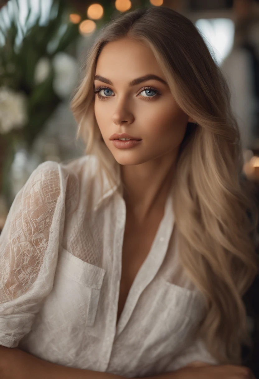Arafed woman in full , Sexy girl with blue eyes, ultra realistis, Meticulous detail, portrait sophie mudd, blonde hair and large eyes, selfie of a young woman, bedroom eyes, violet myers, no makeup, natural makeup, looking straight at camera, face with artgram, fine makeup, Stunning full-length shot, kneeling on the bed, At the beach bar, Medium and Large Size Mixed Race Bust