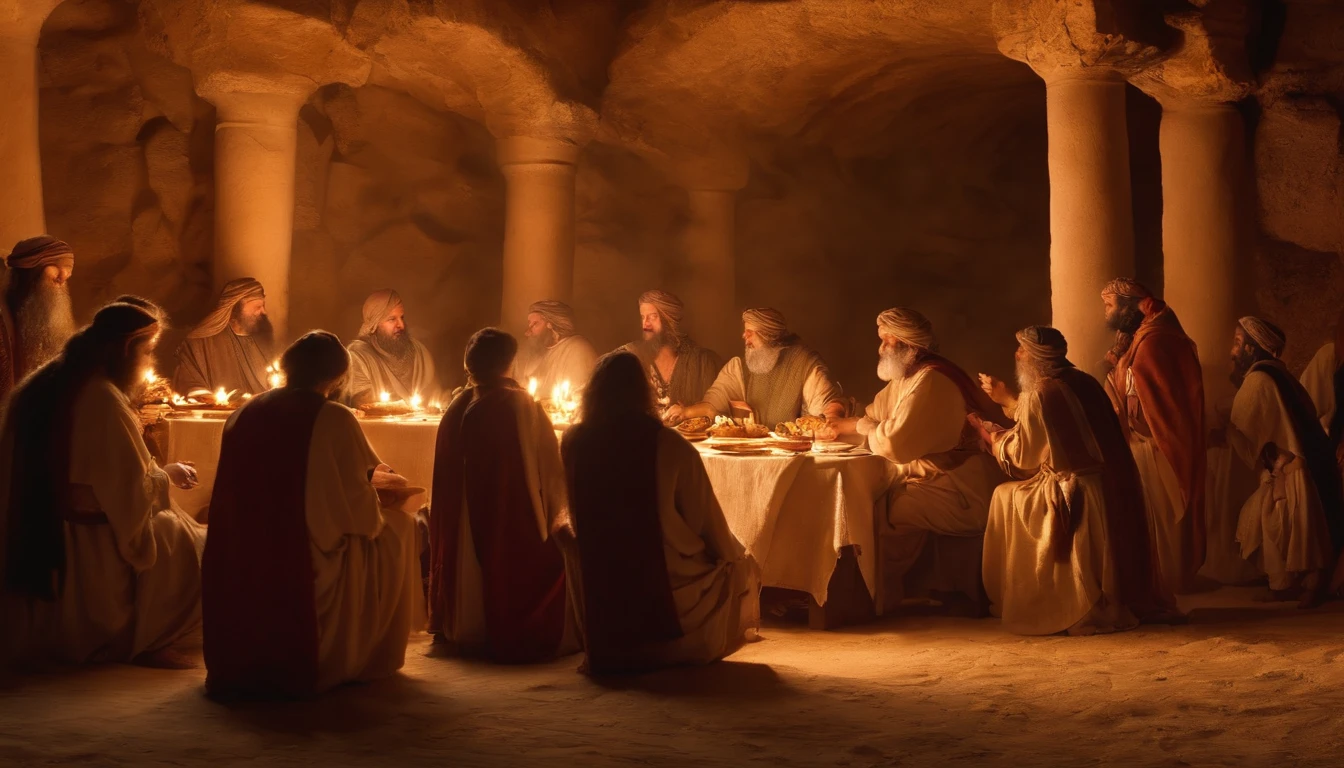 Ancient Israel、1st century、wining、、Similar Images of the Lord Jesus Christ, Dine with the Apostles in St..... say,、(((evening)))、Crack bread in high resolution in 8K