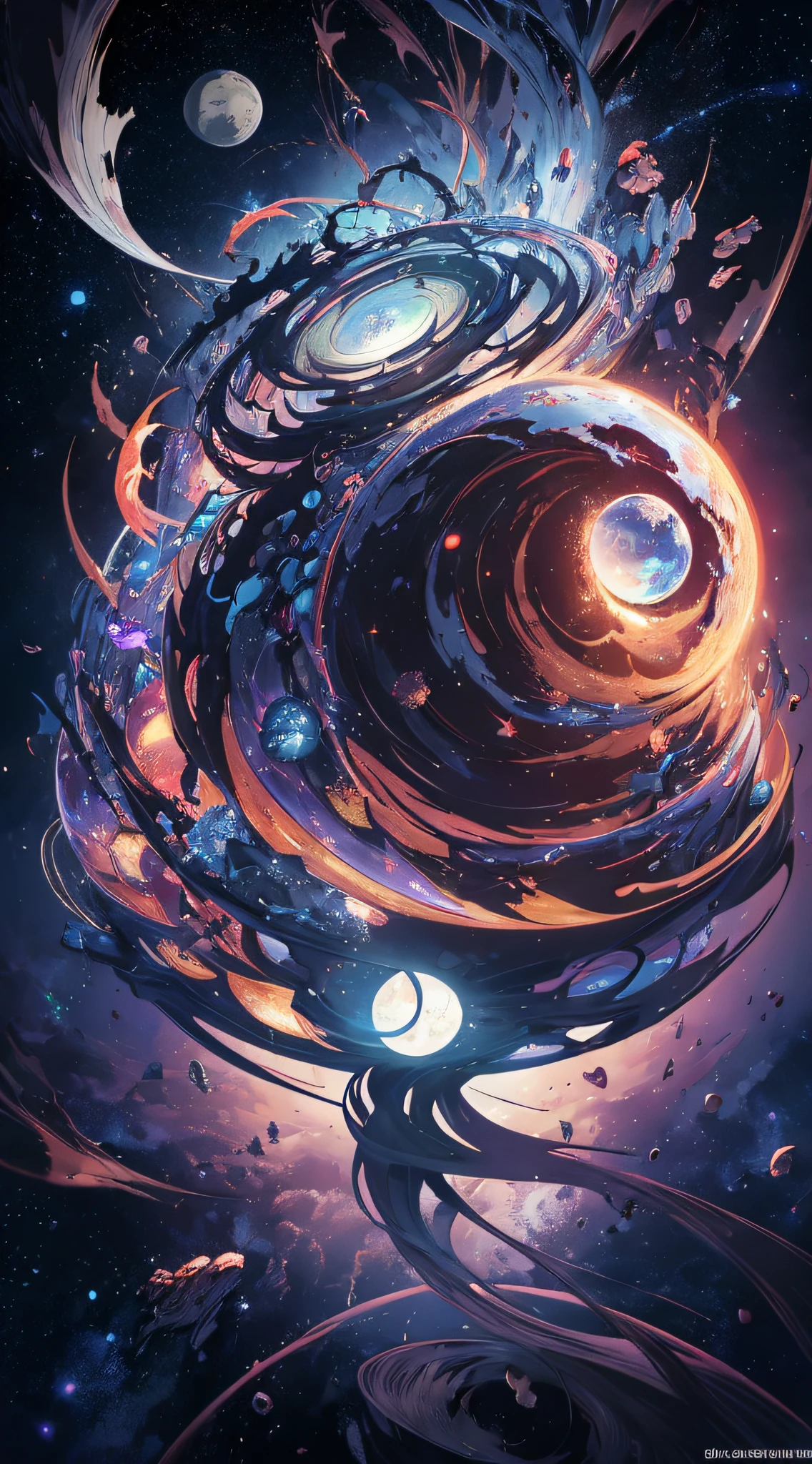 top-quality、Top image quality、masterpiece、masutepiece、Elaborate design、visualart、high contract、The best lighting、highestdetailed、Beautiful universe、Broken Earth、spaceships、black hole、Beautiful outer space、Distorted Moon、Exploding sun、Flowing stars々、tornado、Blue flash、Red flash、Spinning flame