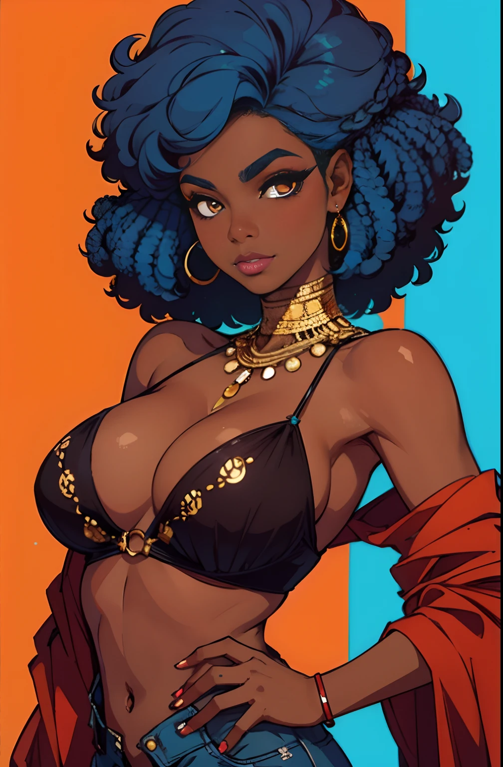 (best quality:1.1),original,1girl,chic,trendy,afro,dark skin,makeup,1970's, blue hair, brown eyes