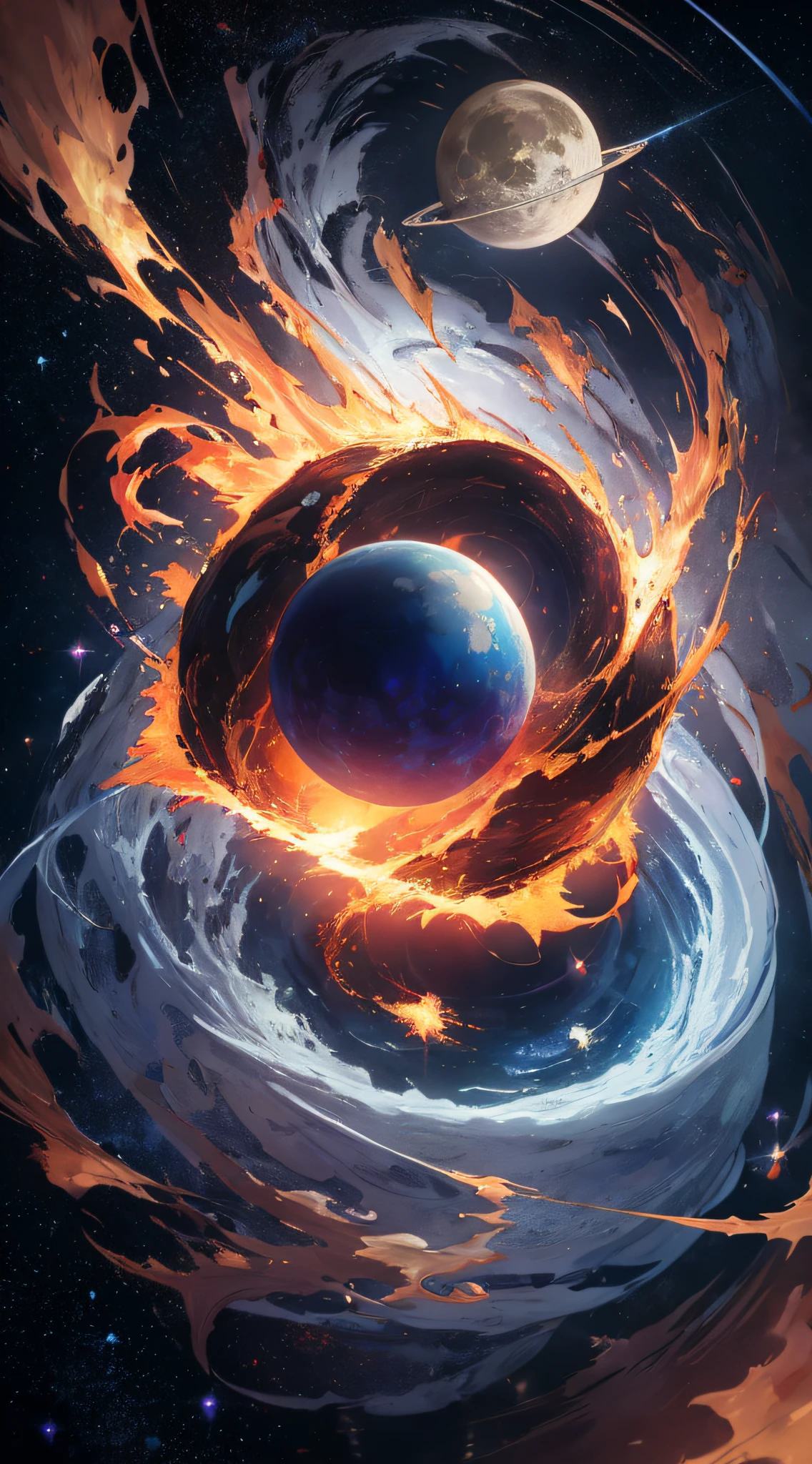top-quality、Top image quality、masterpiece、masutepiece、Elaborate design、visualart、high contract、The best lighting、highestdetailed、Beautiful universe、Broken Earth、spaceships、black hole、Beautiful outer space、Distorted Moon、Exploding sun、Flowing stars々、tornado、Blue flash、Red flash、Spinning flame