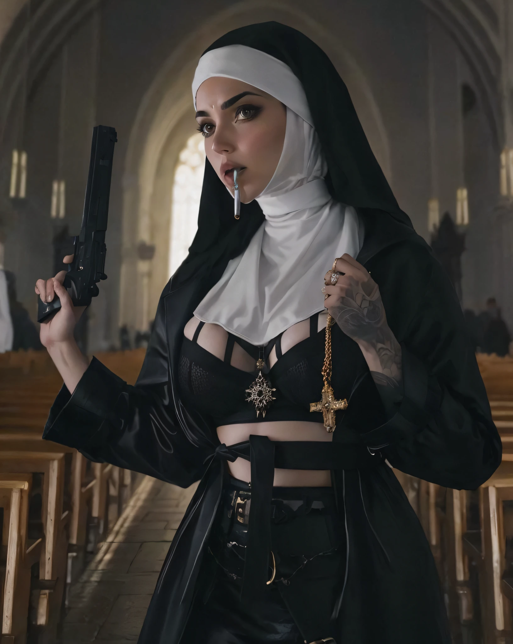 Una mujer vestida de monja sosteniendo una pistola,cigarro en la boca, inspired by the Master of the Legend of Saint Lucia, tumblr, Post Malone, Estrella de muerte, amouranth as a super villain, Escena de noire moody, Mezcla de estilo del Vaticano, , tomada en 2 0 2 0, Astri Lohne, conejito malo, bizco, Dama seductora