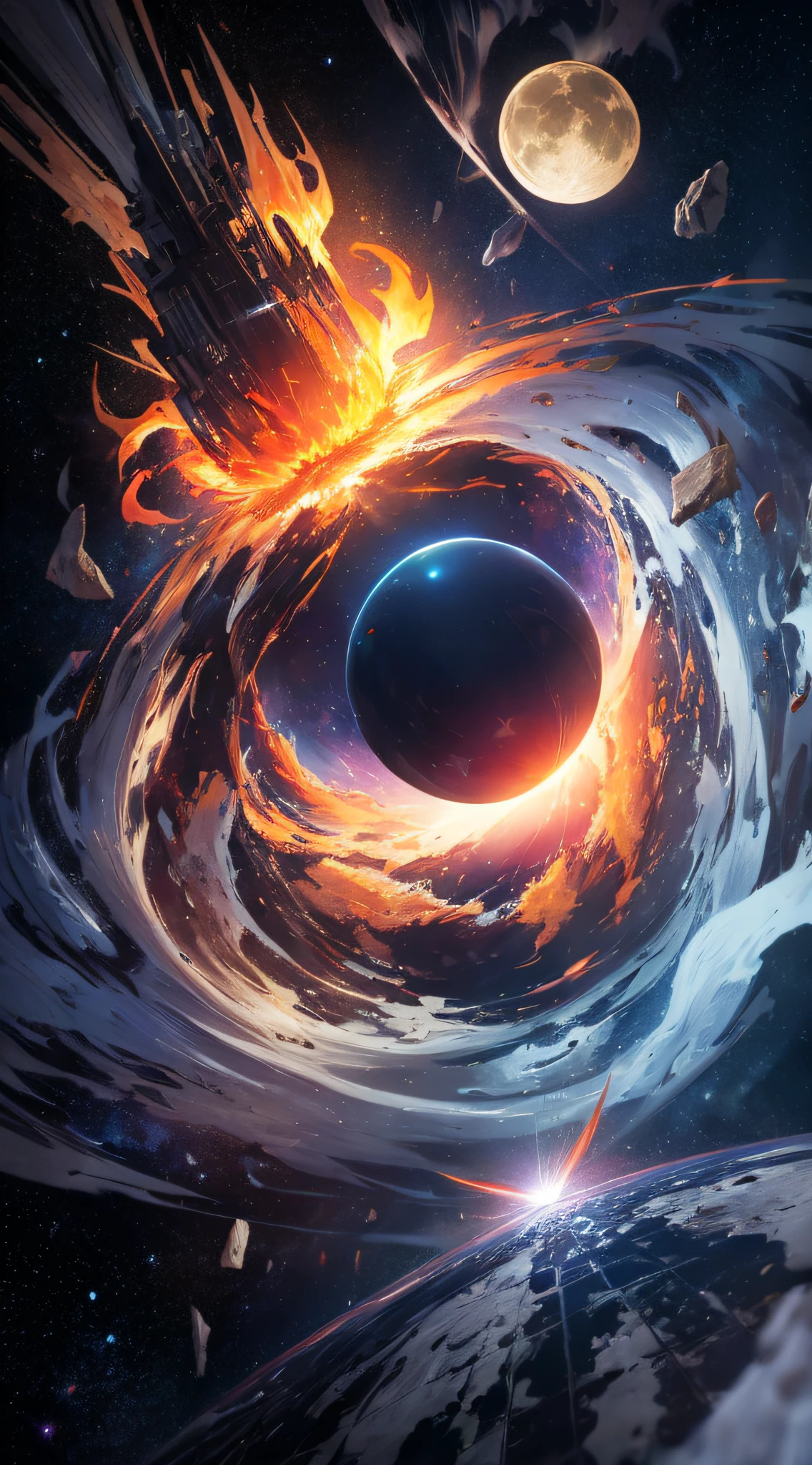 top-quality、Top image quality、masterpiece、masutepiece、Elaborate design、visualart、high contract、The best lighting、highestdetailed、Beautiful universe、Broken Earth、spaceships、black hole、Beautiful outer space、Distorted Moon、Exploding sun、Flowing stars々、tornado、Blue flash、Red flash、Spinning flame