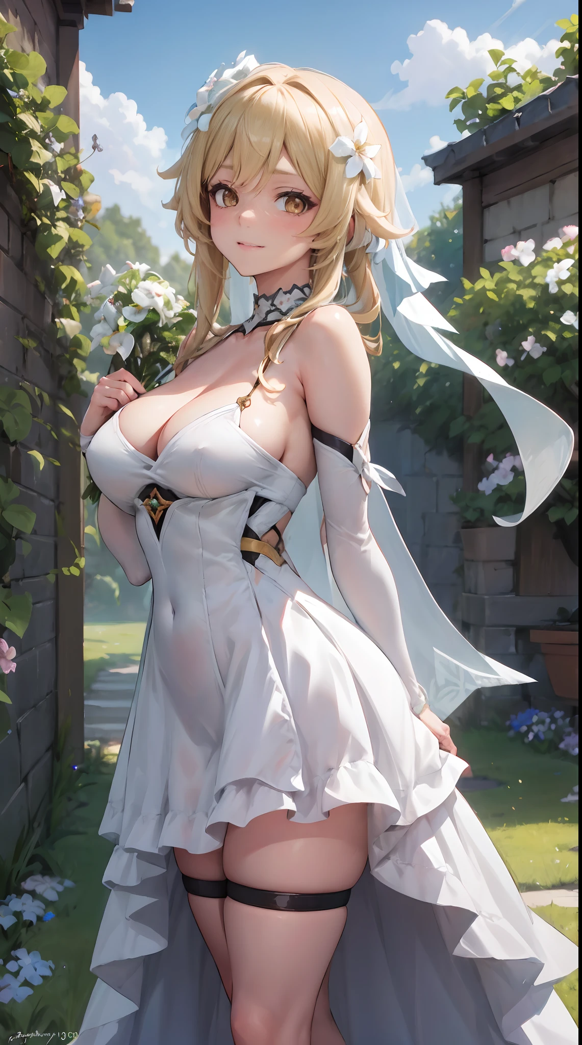 Lumine | genshin impact, master-piece, bestquality, 1girls,25 years old, proportional body, proportional., long-haired, Wedding Dresses, White Wedding Dress, Long skirt, mediuml breasts, ,bara, choker, Standing in the middle of a flower garden, outdoor, The sky is beautiful, arm behind back, against wall, View viewers from the front., Thigh strap, Head tilt, bored, 10, 10, HD, slight smile,