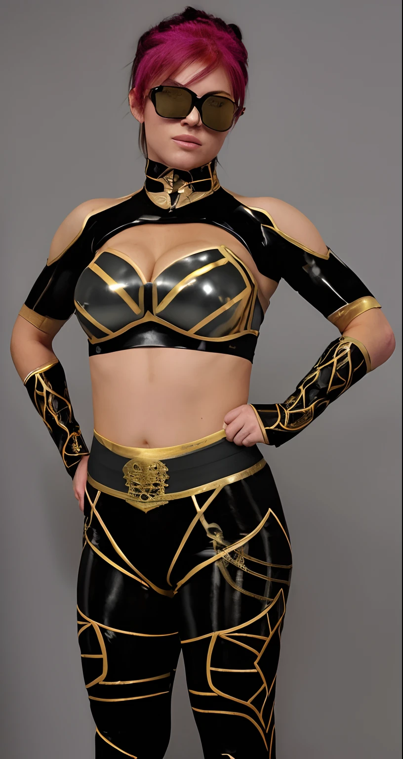 Un gros plan d'une femme rousse avec des cheveux courts portant des lunettes de luxe en tenue de catch noir et or, gilded black uniform, Tenue de guerrier, American wrestler, Golden outfit, Hyper Detailed, detailed body