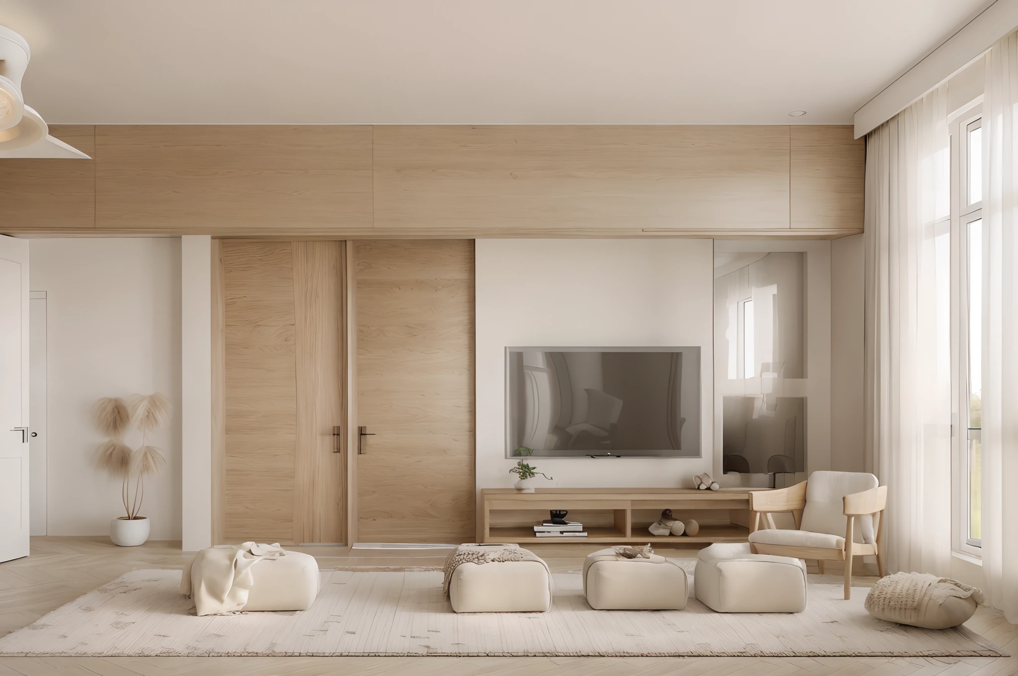 RAW photo,Masterpiece, high quality, best quality, authentic, super detail, living room interior,white wall, tv wall, glass windows, wood glass front door, white ceiling, Neutral color for furniture,natural wooden texture,  japandi style, Realistic reflexes,realistic light , vray