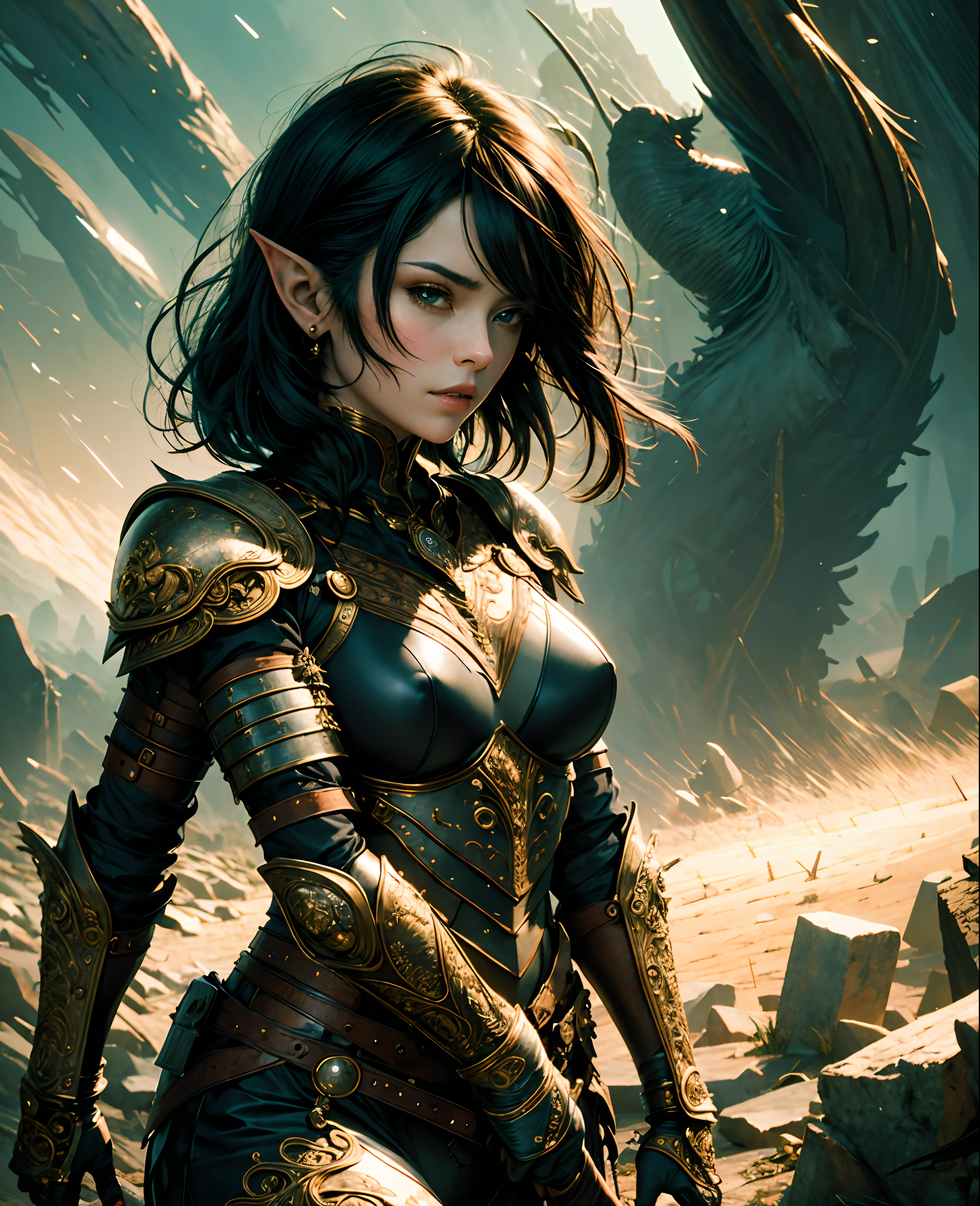 (masterpiece:1.2) (illustration:1.1) (best quality:1.2) (detailed) (intricate) (8k) (HDR) (wallpaper) (cinematic lighting) (sharp focus), beautiful woman, skinny, elf, fair skin, short black hair, shinny armor, black leather, serious face