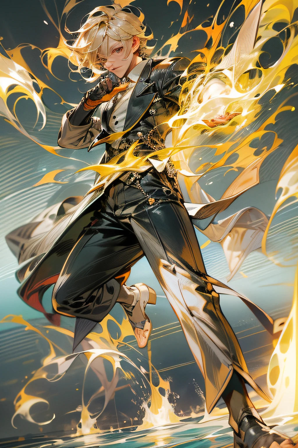 Sanji male wearing black suites, standing pose, with a knife, flaming feet, polished, detailed body, detailed face, Detailed eye, Swollen eyes, top-quality, A high resolution, (reality: 1.4), Forward-facing body, (A hyper-realistic), (high resolution), (8K), (highly detailed), ( Best Illustration), (detailed eyes), (ultra-detailliert), Bright lighting, Professional Lighting, The background ocean and fire., hair color yellow,