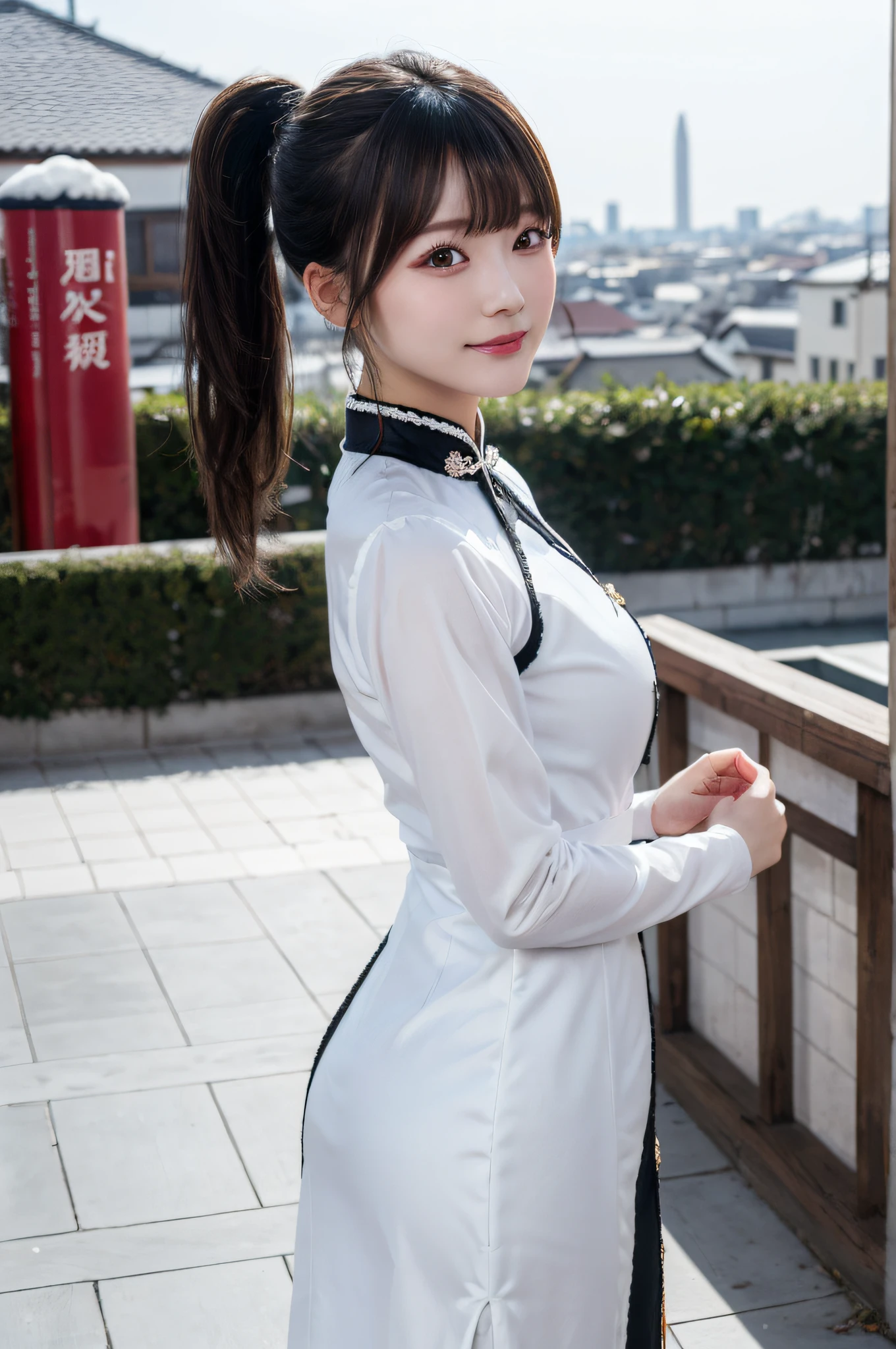 ((masutepiece)), ((Best Quality)), (Ultra-detailed), ((Extremely detailed)), 4K, (8K), Best Quality, (Beautiful), city, backstreet, Winters, Cute girl s, 1girl in, Solo, qipao dress, The costume, poneyTail, Beautiful black hair 0, ((Beautiful eyes)), large full breasts,