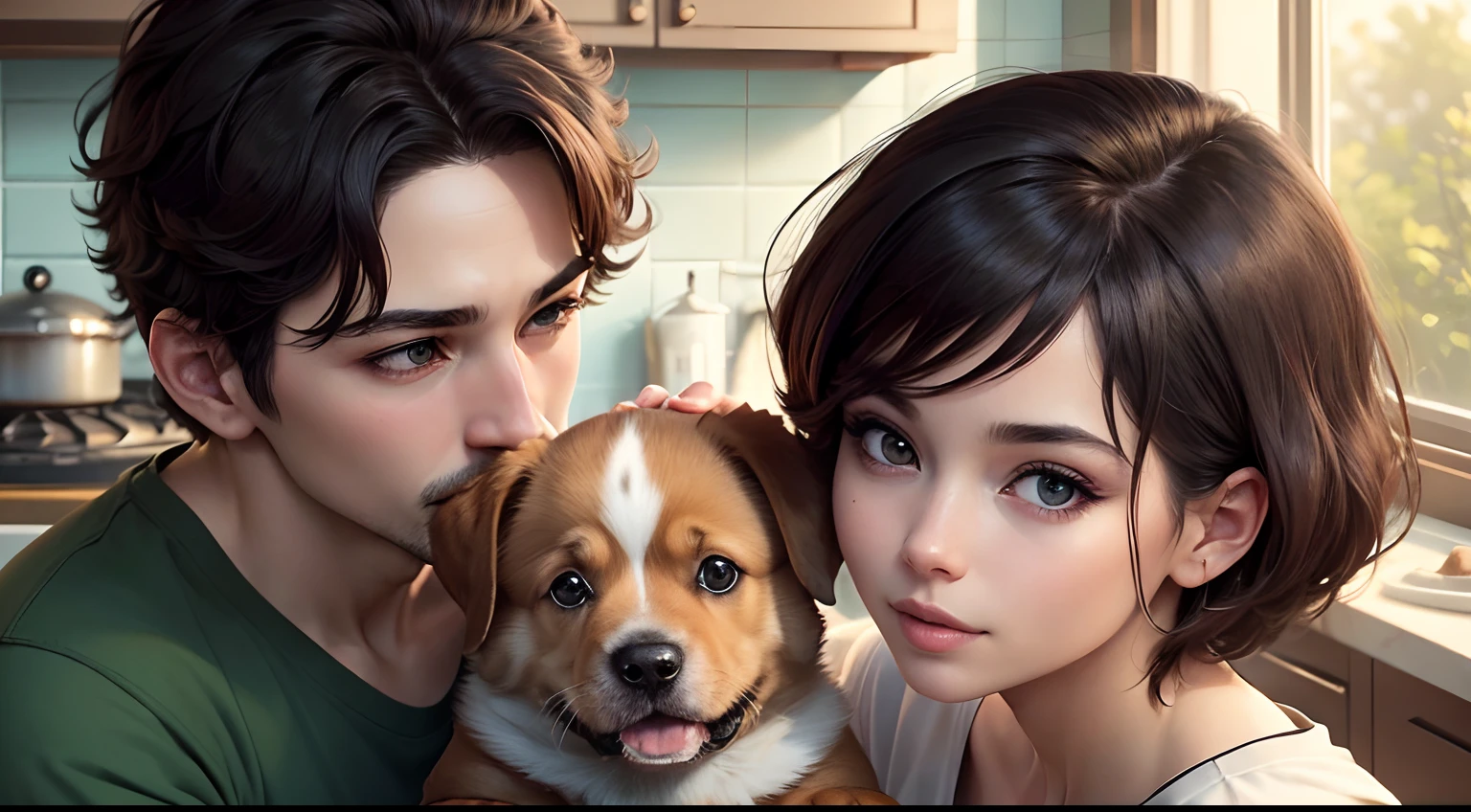 (Puppies with a woman) (Beautiful delicate eyes and lips), (Best Quality, high resolucion, Masterpiece:1.2), Ultra-detailed, realisitic, Photorealistic:1.37, portrait of a, (The woman is) Baking cookies in a sunny kitchen, The plate is full of green square cookies. (She is) He's looking at his dog and smiling. (While she) Naughty pet puppy is together. The puppy had brown fur. The woman has short hair. Woman is wearing a shirt.