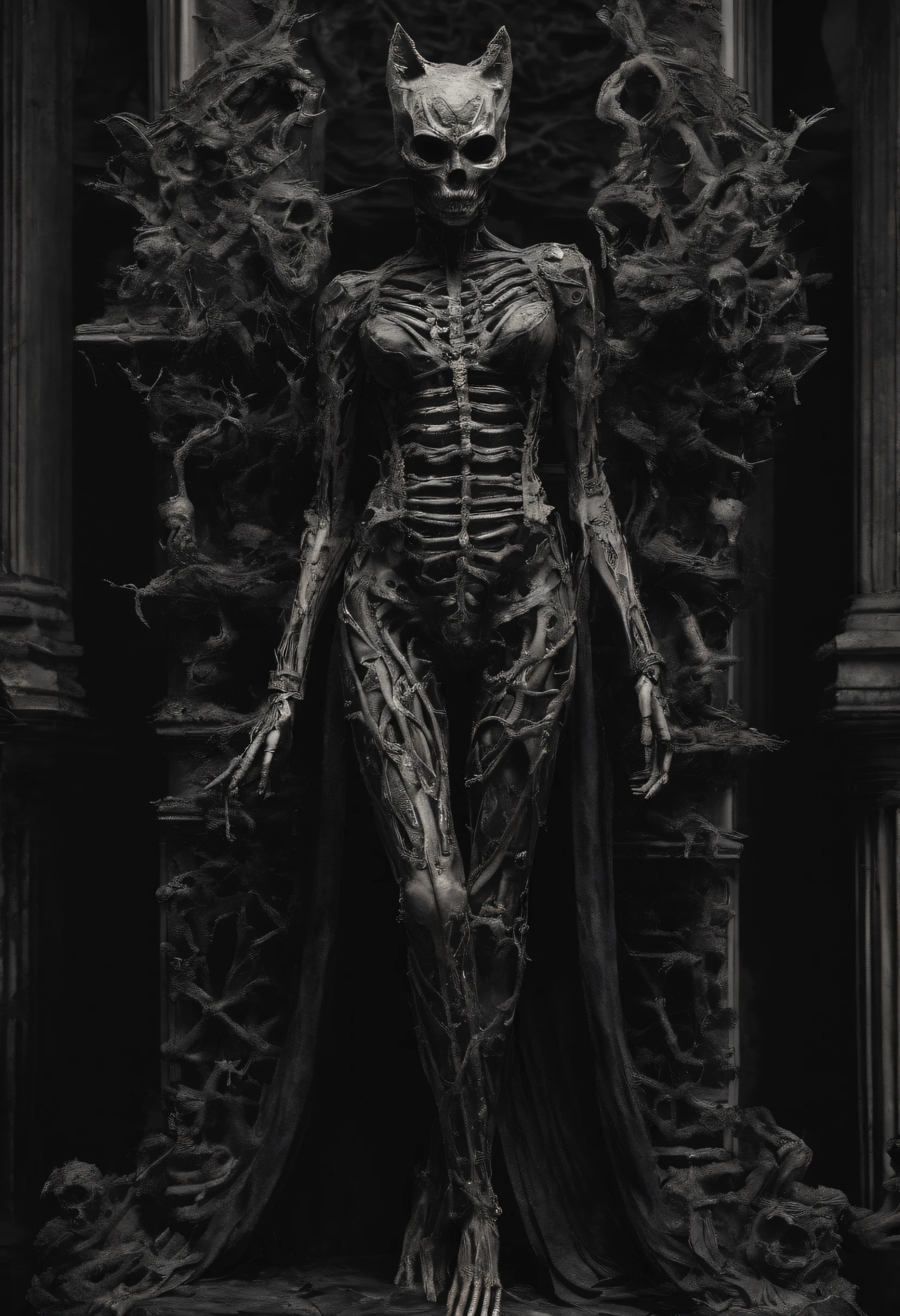 statue of Catwoman angel made of twisted bones and skeletons, full body, hyper realistic, intricate, central, symmetrical --v 4
