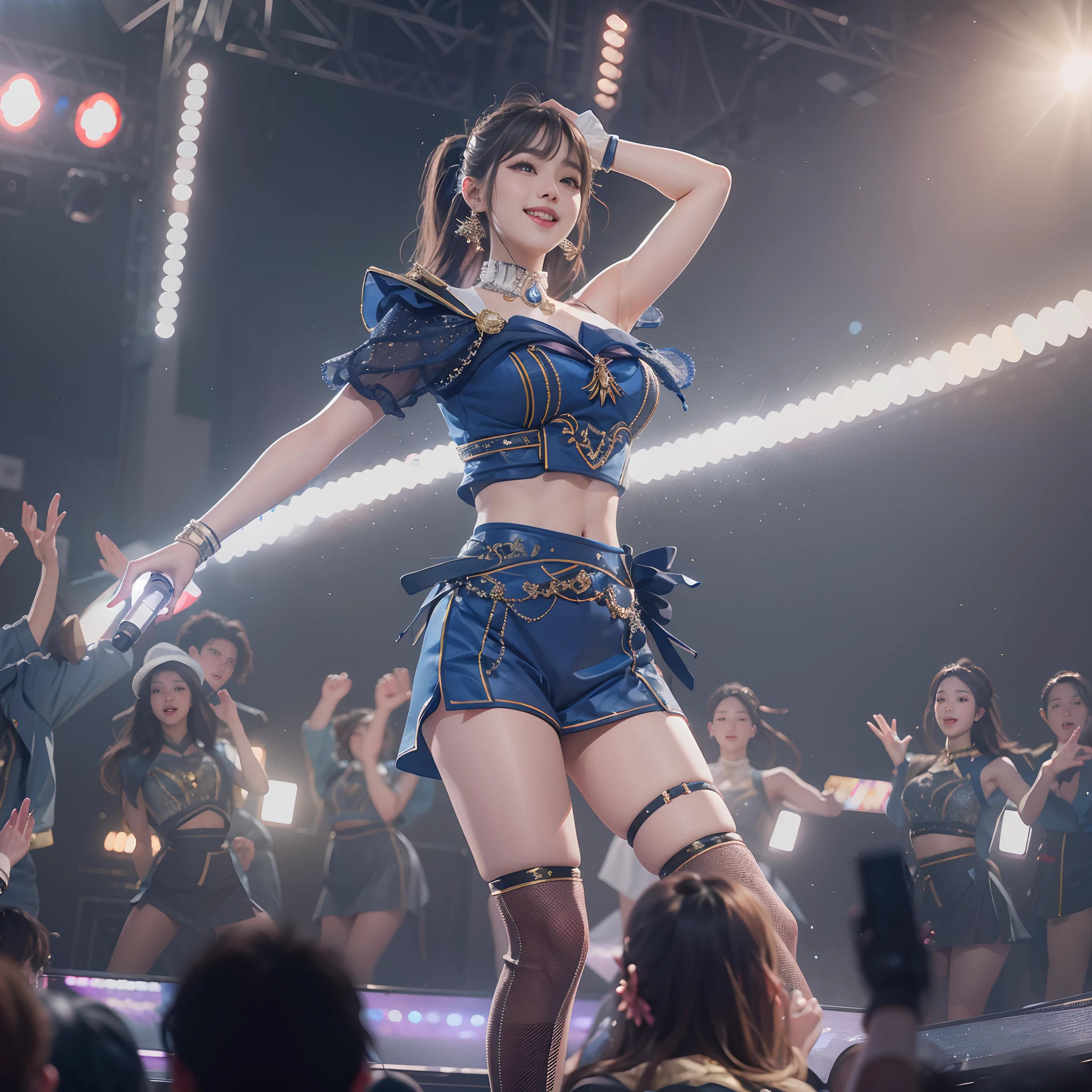 ((super high quality、High resolution、masterpiece、 Anatomically correct、Highly detailed photos、Ultra-realistic photos、 Highest quality))、View your viewers、Live Stage、Spotlight、(Cowboy Shot)、(Idol Costumes:1.2)、((from the front))、(Huge breasts)、Narrow waist、Detailed face、Perfect figure、Black Hair、(Vulgar Idol、Vulgar costumes:1.2)、