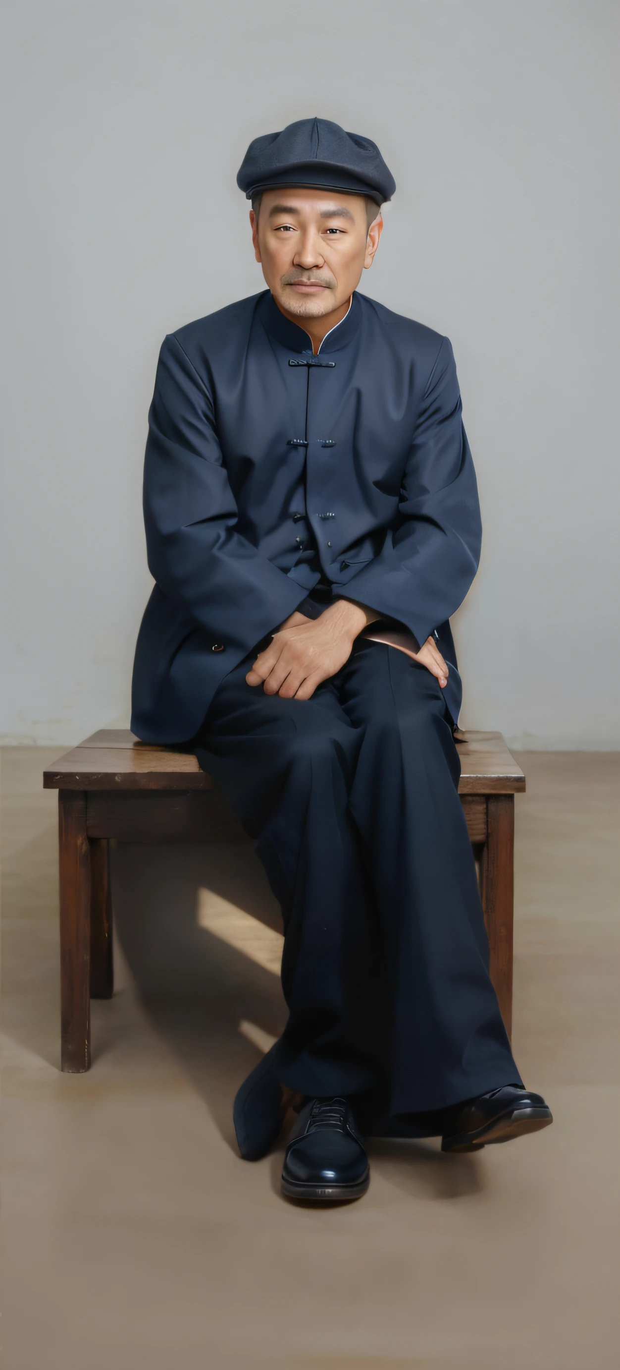 Portrait of a 50-year-old middle-aged Chinese man，Good facial features，without a beard，Symmetrical facial features，Clear ears，The facial features are thin and ultra-clear and realistic，With a dark blue hat on his head，With a military cap with a brim，The hat is symmetrically coordinated，He was wearing a dark blue Sun Yat-sen costume，The texture of the clothes is clear，Chinese suit，Buttoned clothes，Ultra-clear texture，Camera shooting effect，Light and shadow are natural，Symmetrical clothes，The collar is symmetrical and coordinated，Ultra-clear realistic 8K,Very detailed eyes and face, hugefilesize, hands crossed，Show the back of your hand，Finger ultra-detailed, High definition, Very detailed, ，Shimoto wears black pants，Holding Erlang's legs，Wear a pair of cloth shoes，The two shoes are symmetrical in size，Shoe size，Sit on an old-fashioned wooden bench，Dirt soil，The background is clean and best quality, Masterpiece, , Realistis, Real, Unity, 8K wallpaper,Background details for foreground objects (Masterpiece: 1.2) (Photorealistic: 1.2) (Bokeh: 1.2) (Best quality) (Color grading) (Detailed skin: 1.3) (complex) (8K) (hdr) (Movie lighting: 1.3) (Sharp focus), Glossy glossy skin, Front-facing Ultra HD, Digital SLR, Soft lighting, High quality, film gram, Fujifilm XT3