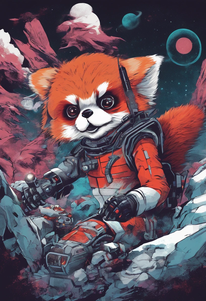 T-shirt design ready to print Cute red panda as sci-fi robots on an alien planet fighting snow leopards, fondo negro