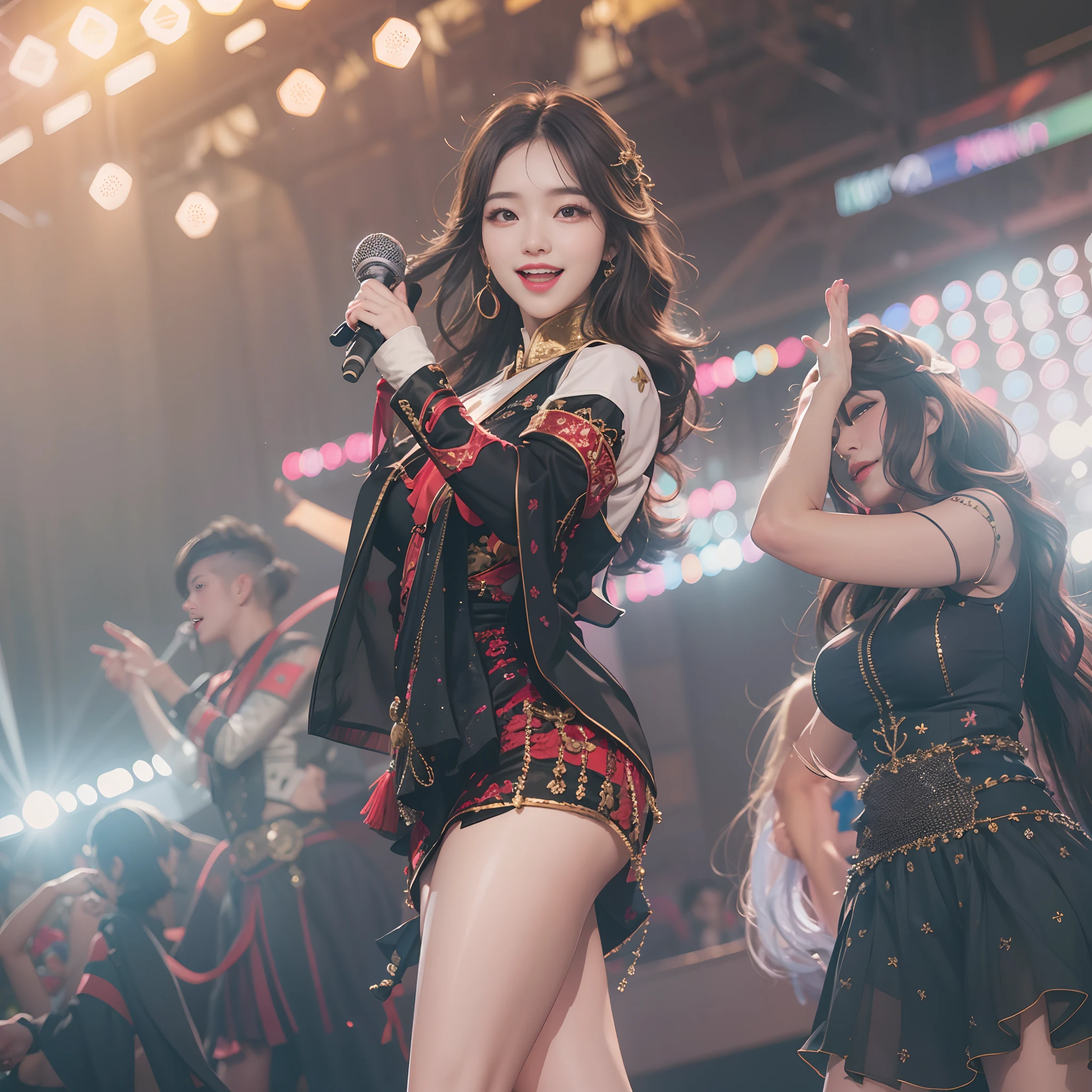 8k, highest quality, high resolution, realistic, real person, live stage with a large audience, one girl, young and cute korean idol, ((KARA)), big, long and beautiful legs, dancing violently in various poses while smiling on stage, holding microphone in hand, revealing gorgeous costume, beautiful light up