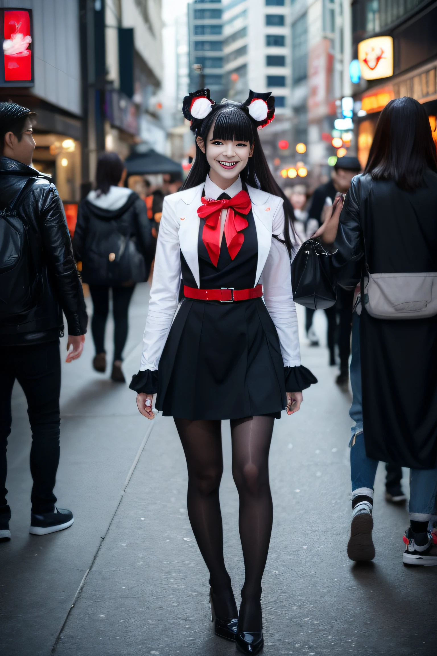 One woman is walking the streets of Shibuya in Halloween cosplay Looking at the camera and smiling