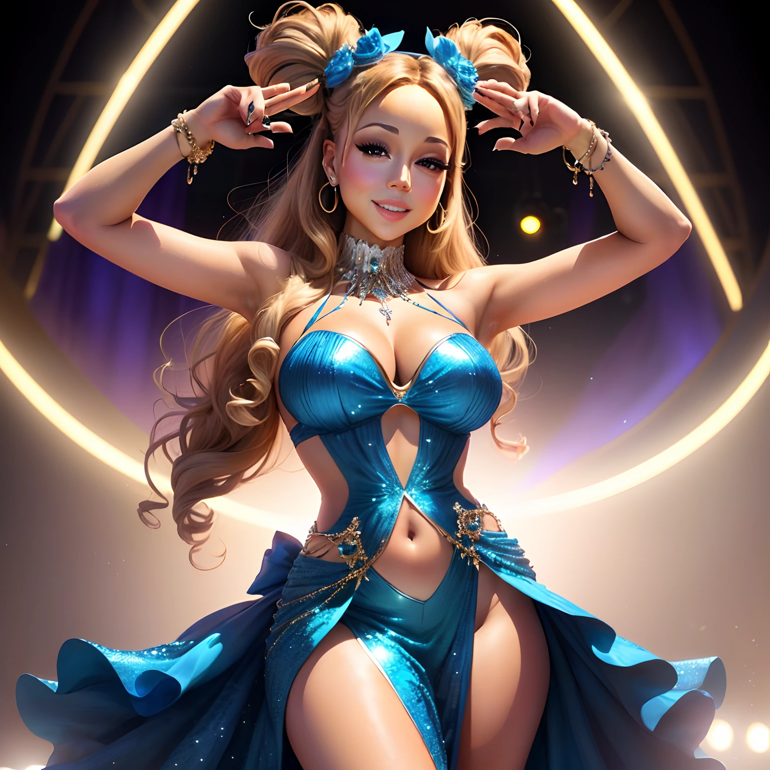 Mariah Carey posing at a fashion show in the style of a Disney princess