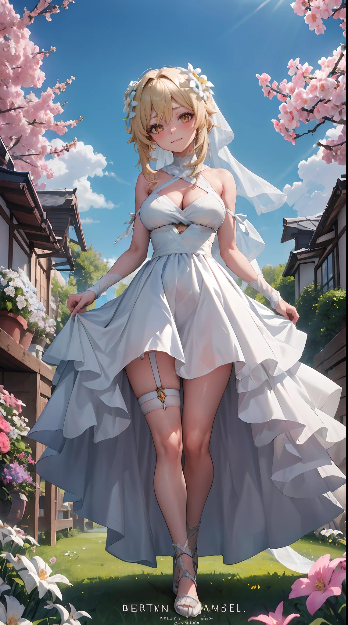 Lumine | genshin impact, master-piece, bestquality, 1girls,25 years old, proportional body, proportional., Wedding Dresses, White Wedding Dress, Long skirt, wedding, mediuml breasts, ,bara, Standing in the middle of a flower garden, outdoor, wedding, The sky is beautiful, Both hands hold a bouquet of flowers., View viewers from the front., Thigh strap, Head tilt, bored, 10, 10, HD, slight smile,