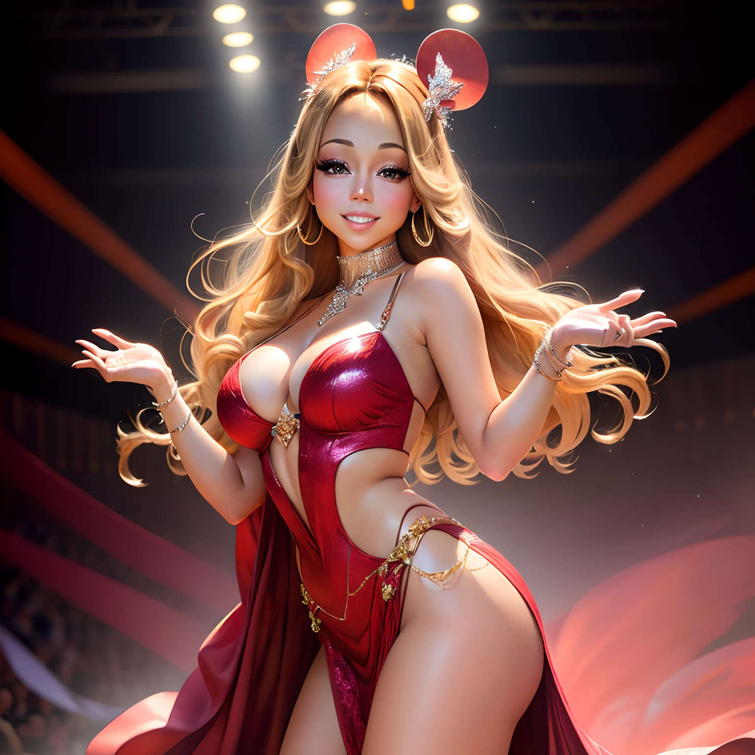 Mariah Carey posing at a fashion show in the style of a Disney princess