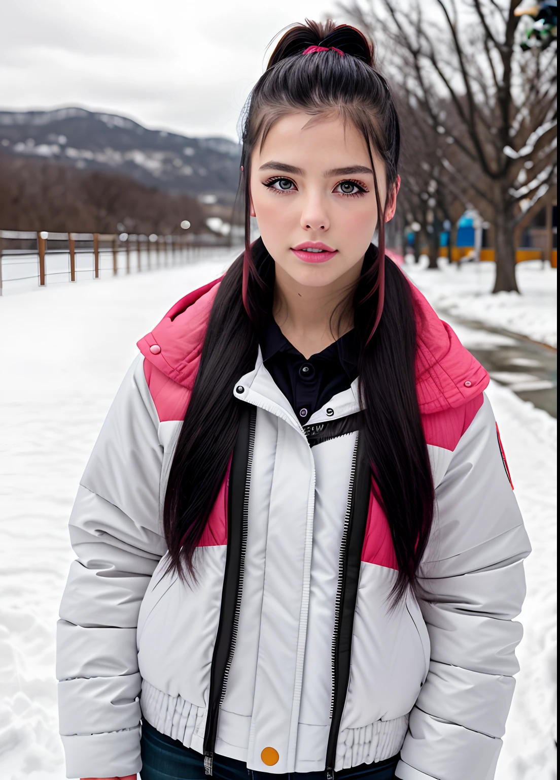 RAW photo, professional colour grading, BREAK Portrait Girl Photo Adr1anaCh3chik, (makeup, eye liner), ponnytail hair, Wearing a puffy jacket, snow background, sharp-focus, HDR, 8K resolution, intricate detials, sophisticated detail, Depth of field, analogue RAW DSLR, Photorealistic, looking a viewer,