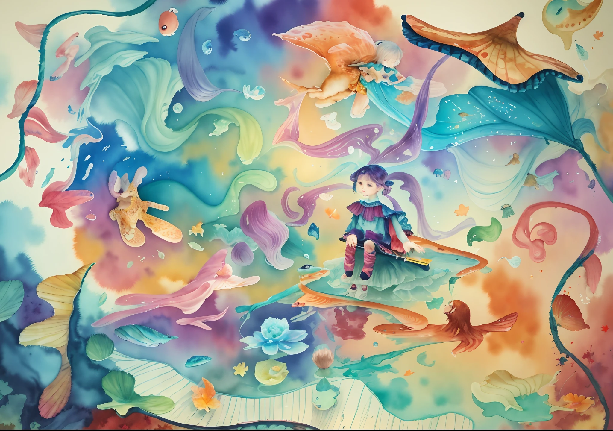 Painting a girl in a colored dress floating in a pond surrounded by marine life, fantasy watercolor, Autumn landscape, inspired by Tosa Mitsuoki, colorful kids book illustration, dreamlike illustration, dreamlike digital painting, Colorful illustration, closeup fantasy with water magic, children's book illustrations, children illustration, Children's illustration, Magic world. Colorful, A beautiful artwork illustration