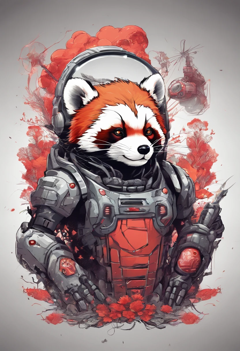 tattoo ready to print Cute red panda as sci-fi robots on an alien planet fighting snow leopards, fondo negro