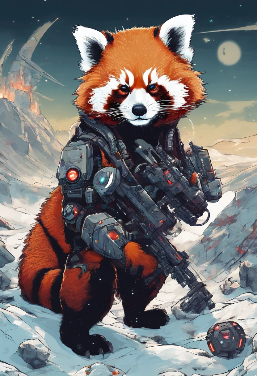 tattoo ready to print Cute red panda as sci-fi robots on an alien planet fighting snow leopards, fondo negro