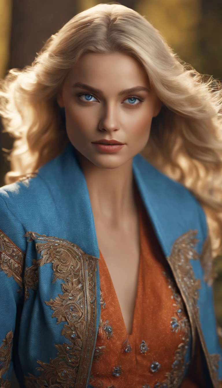 (best quality,4k,8k,highres,masterpiece:1.2),ultra-detailed,(realistic,photorealistic,photo-realistic:1.37),beautiful blonde girl with approximately human-like features,blue eyes with intricate details,detailed facial features,very long eyelashes,gorgeous lips,natural and flowing blonde hair, wearing a vibrant dress in shades of orange and crimson blue