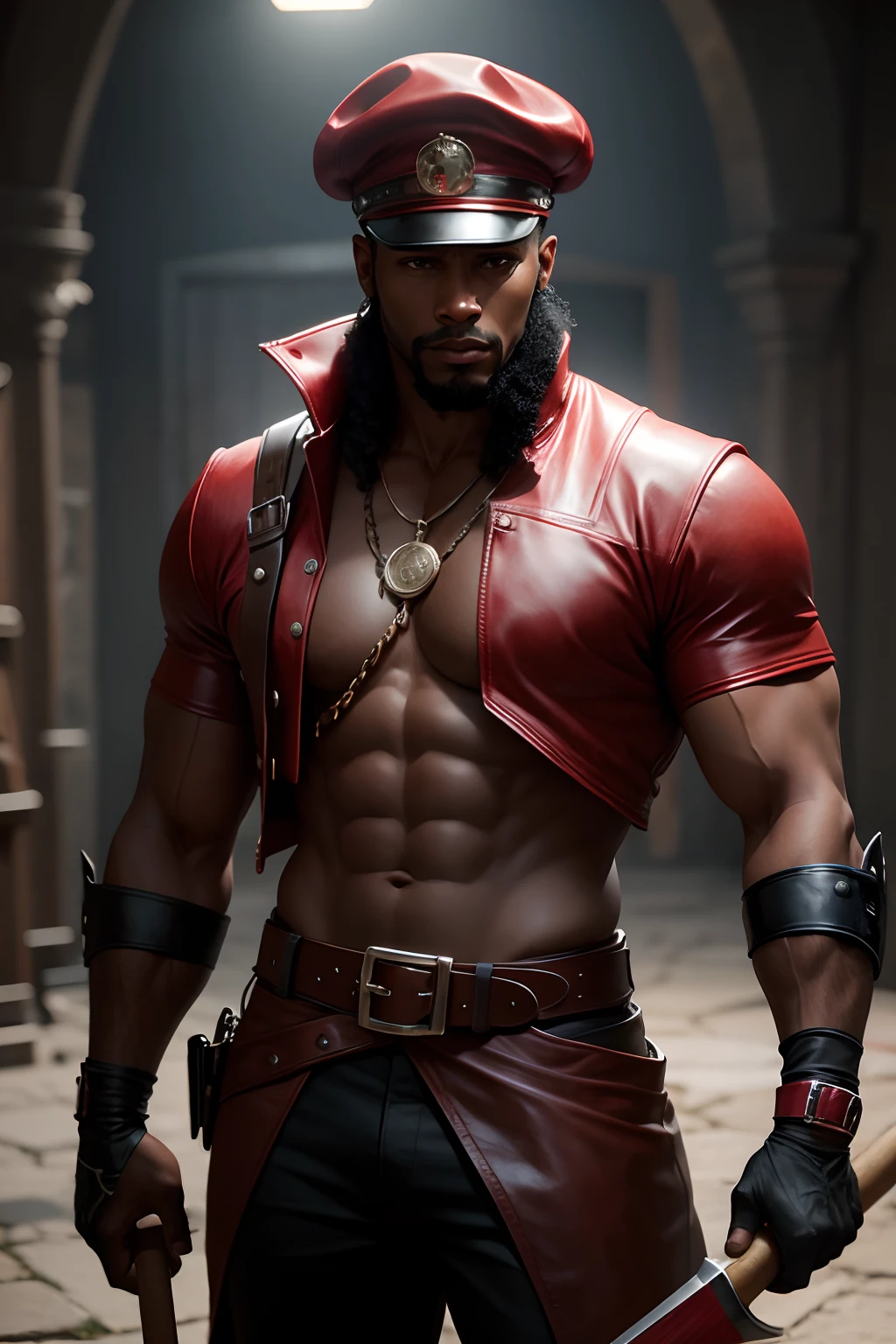 a black man holding a hammer, wearing a red leather hat cinematic realistic image: 4k