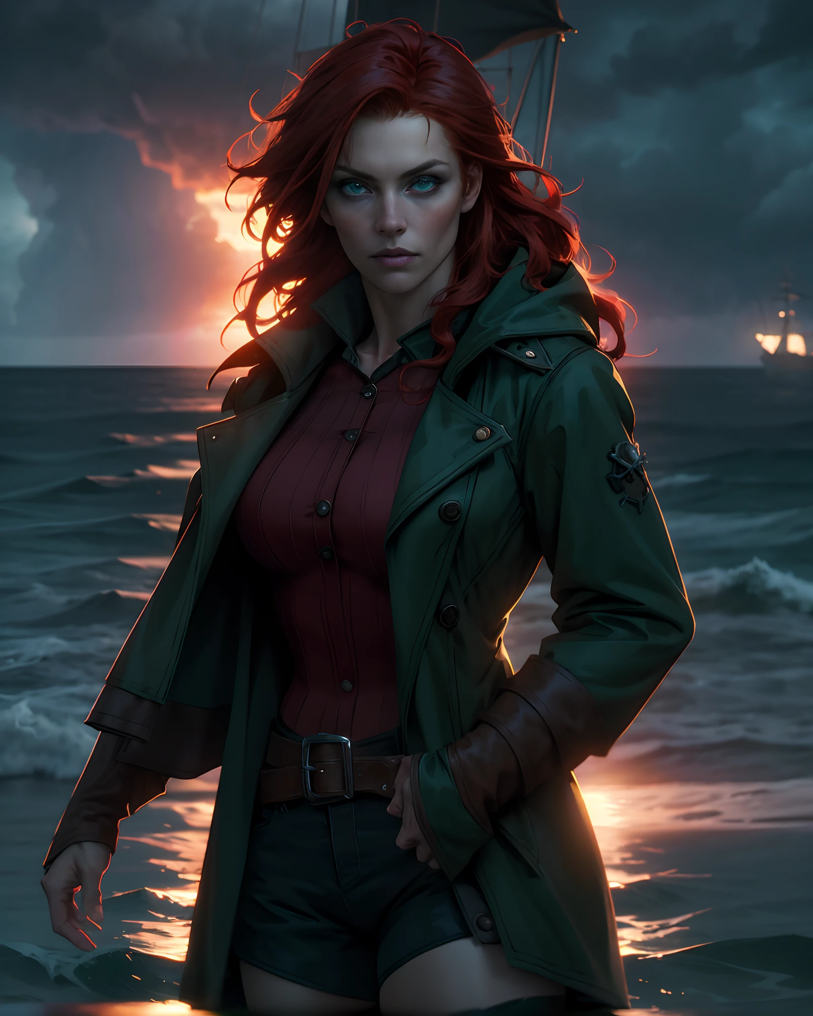 1girl, cowboy shot of redhead pirate lady, long green coat, eye focus, sea, storm clouds, dark atmosphere, sunset, volumetric lighting, depth of field, chromatic aberration, blurry background